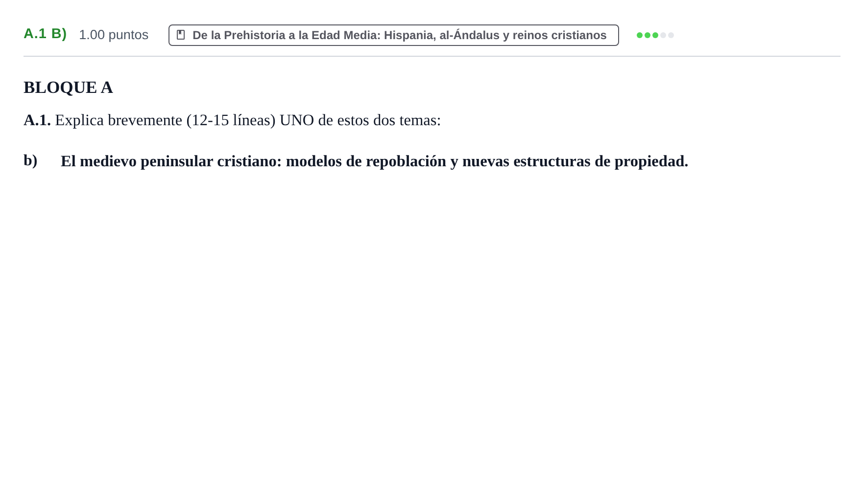 Enunciado: Ejercicio A.1 b) · Historia de España PAU Extremadura Ordinaria 2025