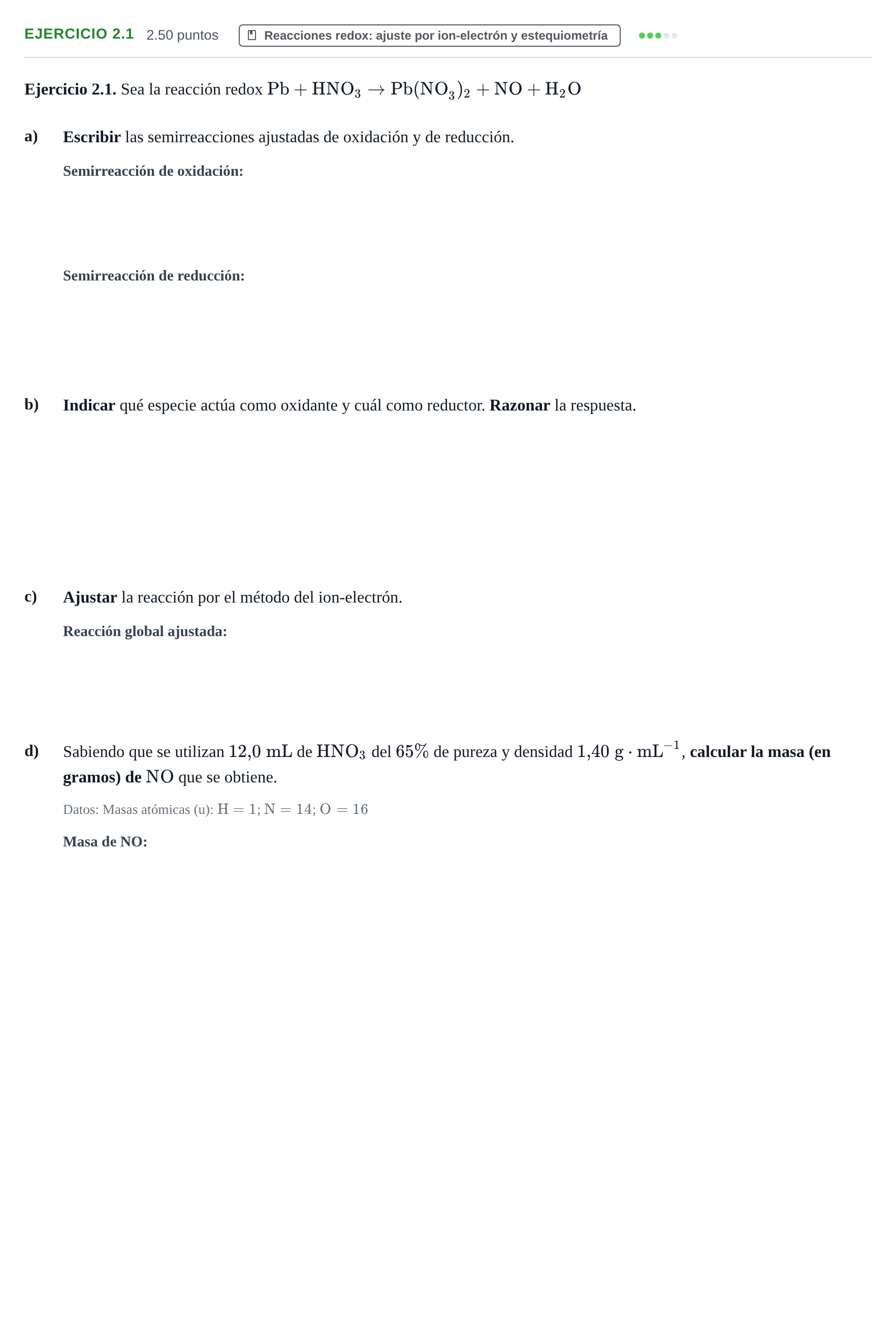 Enunciado: Ejercicio 2.1 · Química PAU Extremadura Ordinaria 2025