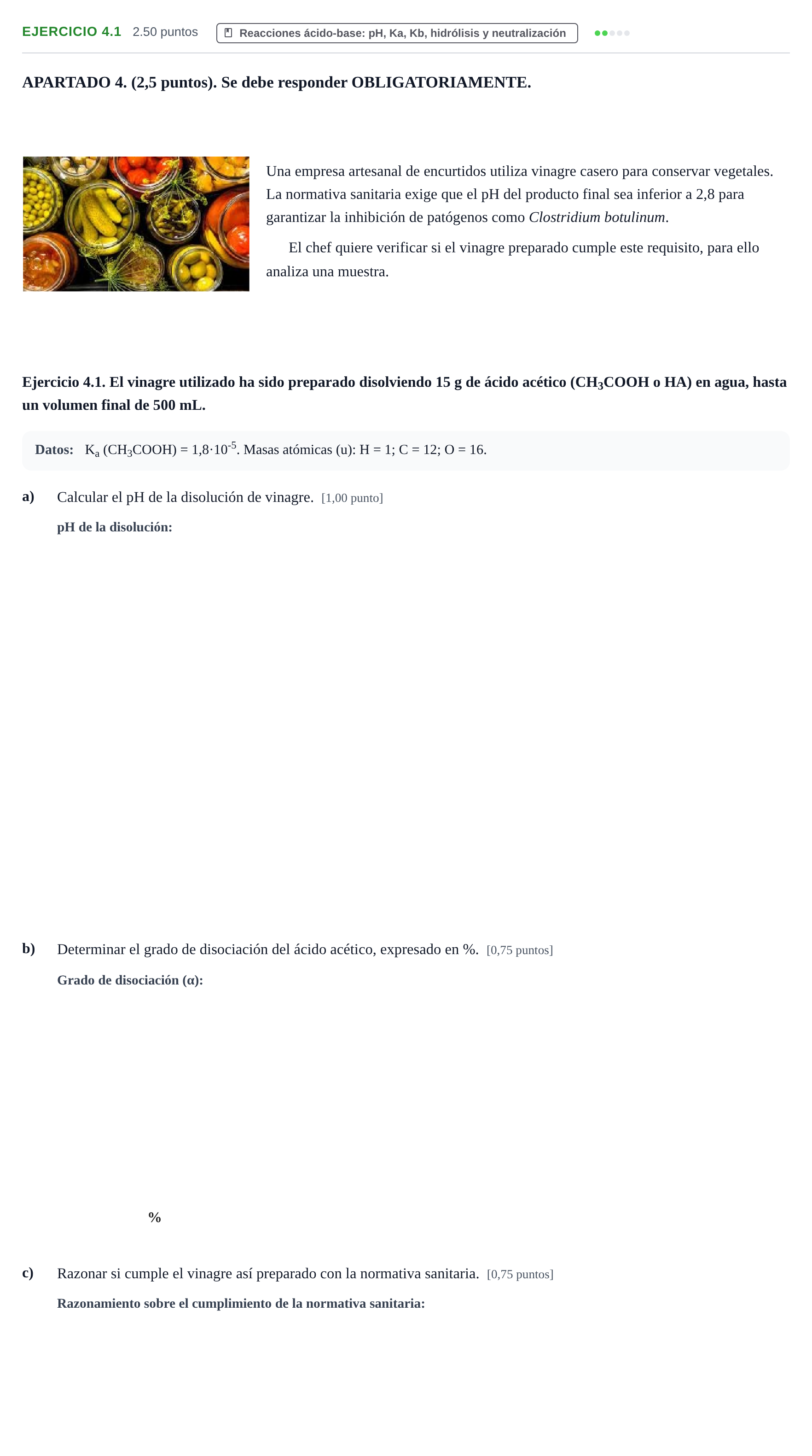 Enunciado: Ejercicio 4.1 · Química PAU Extremadura Ordinaria 2025