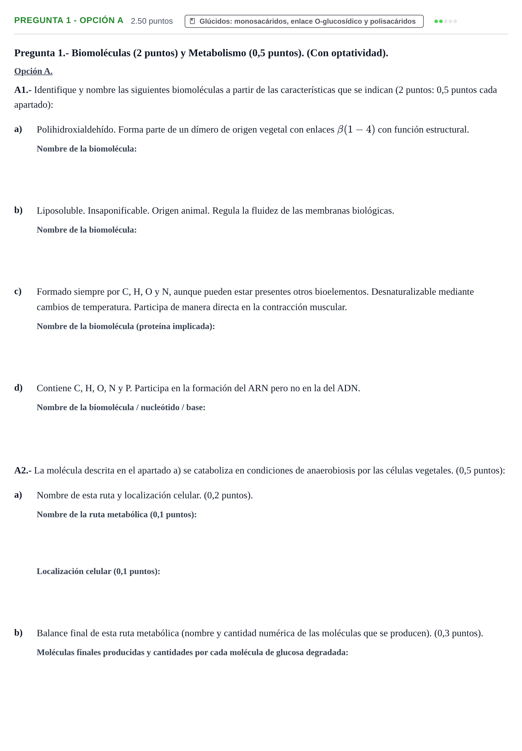 Enunciado: Pregunta 1 - Opción A · Biología PAU Extremadura Extraordinaria 2025