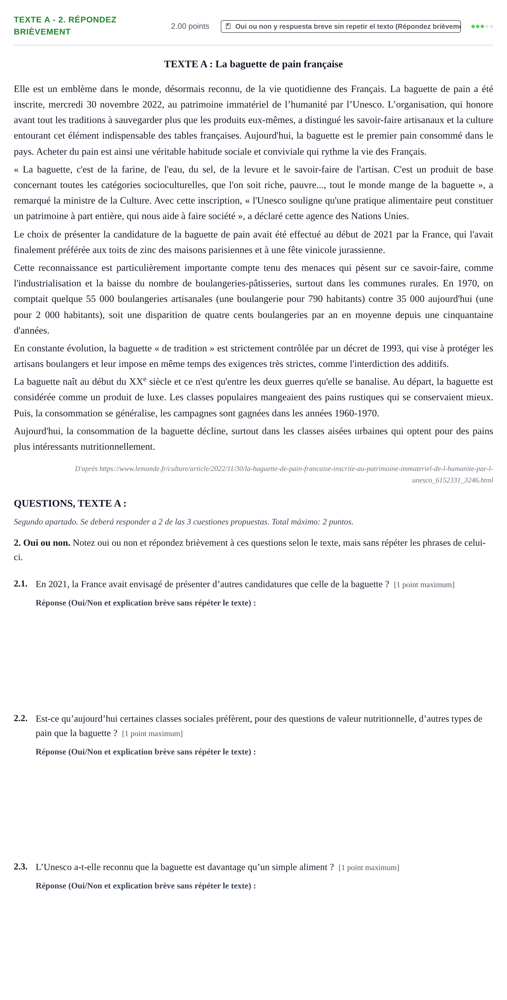 Enunciado: Ejercicio Texte A - 2. Répondez brièvement · Francés PAU Extremadura Extraordinaria 2025