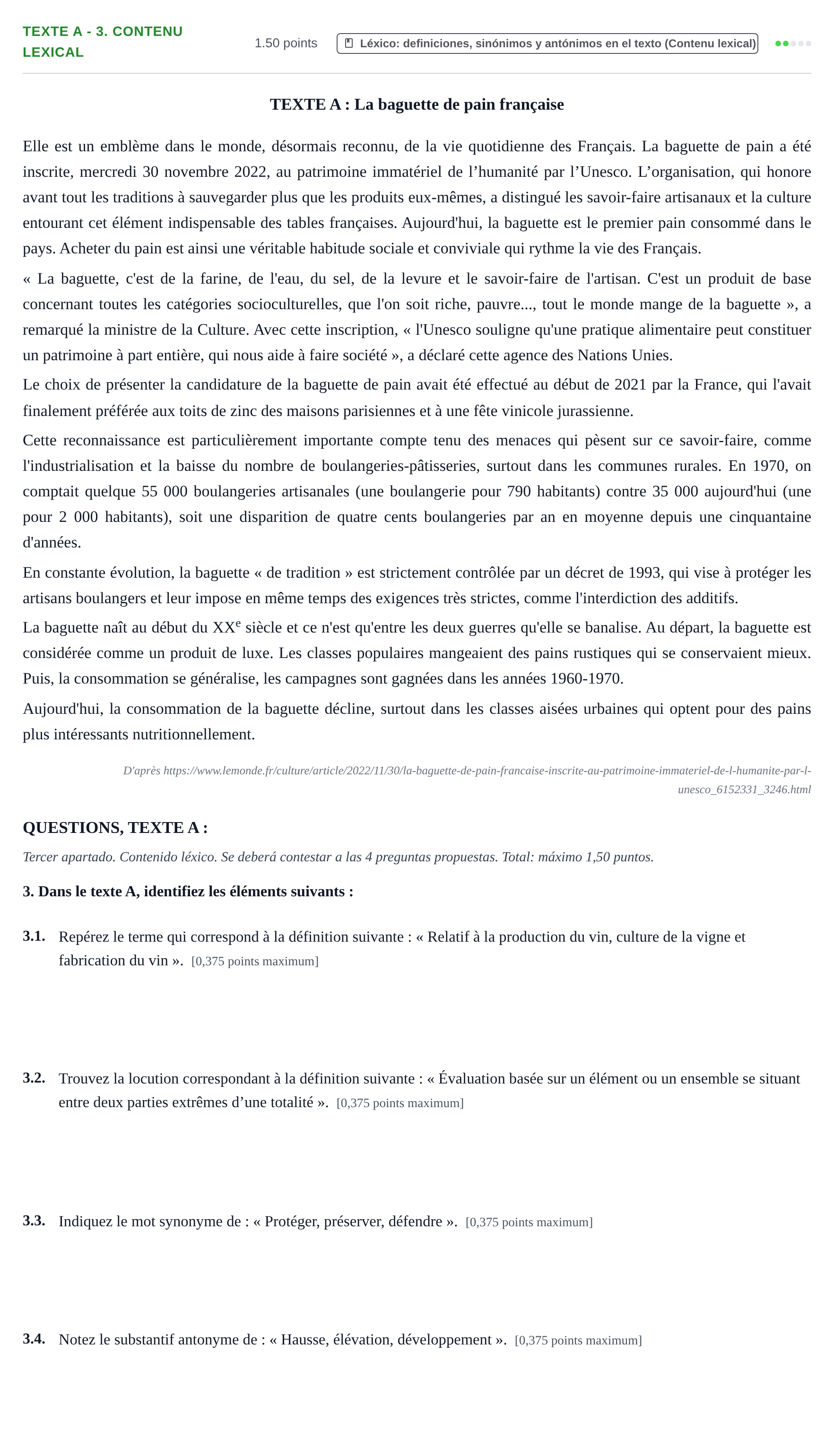 Enunciado: Ejercicio Texte A - 3. Contenu lexical · Francés PAU Extremadura Extraordinaria 2025