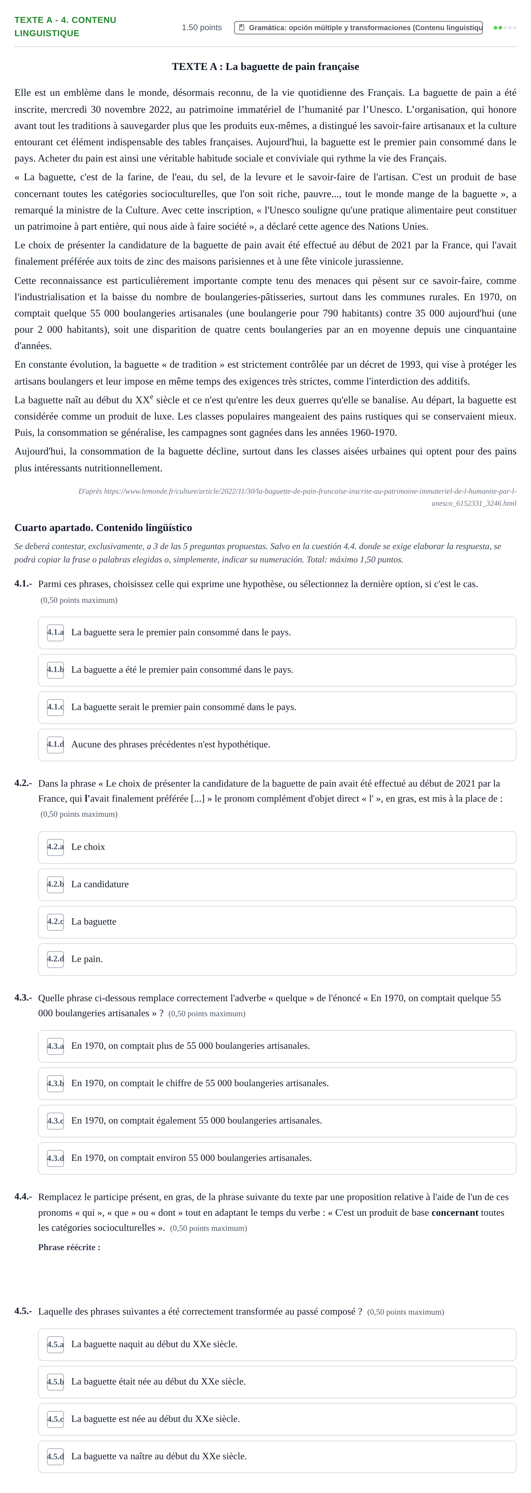 Enunciado: Ejercicio Texte A - 4. Contenu linguistique · Francés PAU Extremadura Extraordinaria 2025