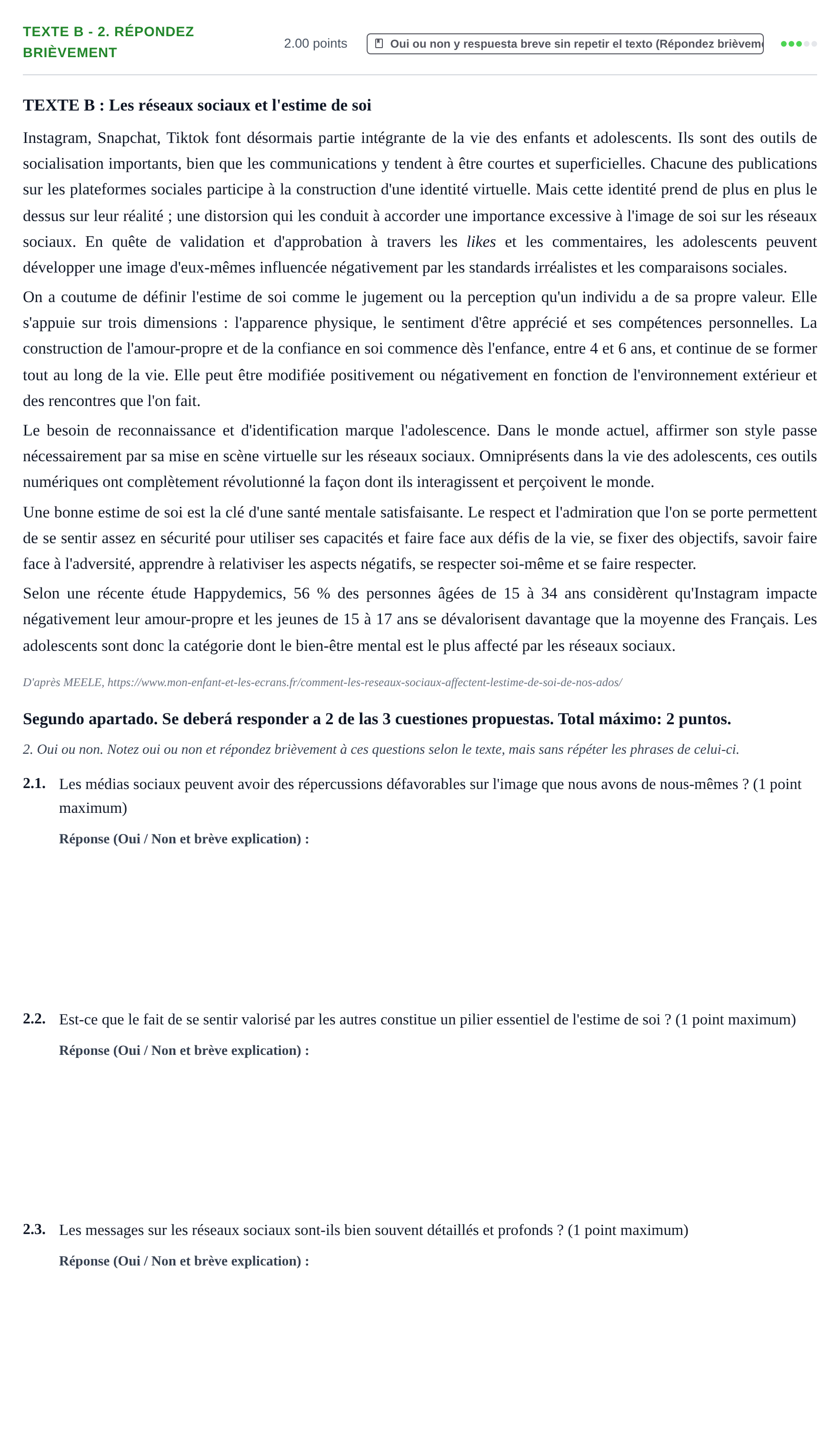 Enunciado: Ejercicio Texte B - 2. Répondez brièvement · Francés PAU Extremadura Extraordinaria 2025