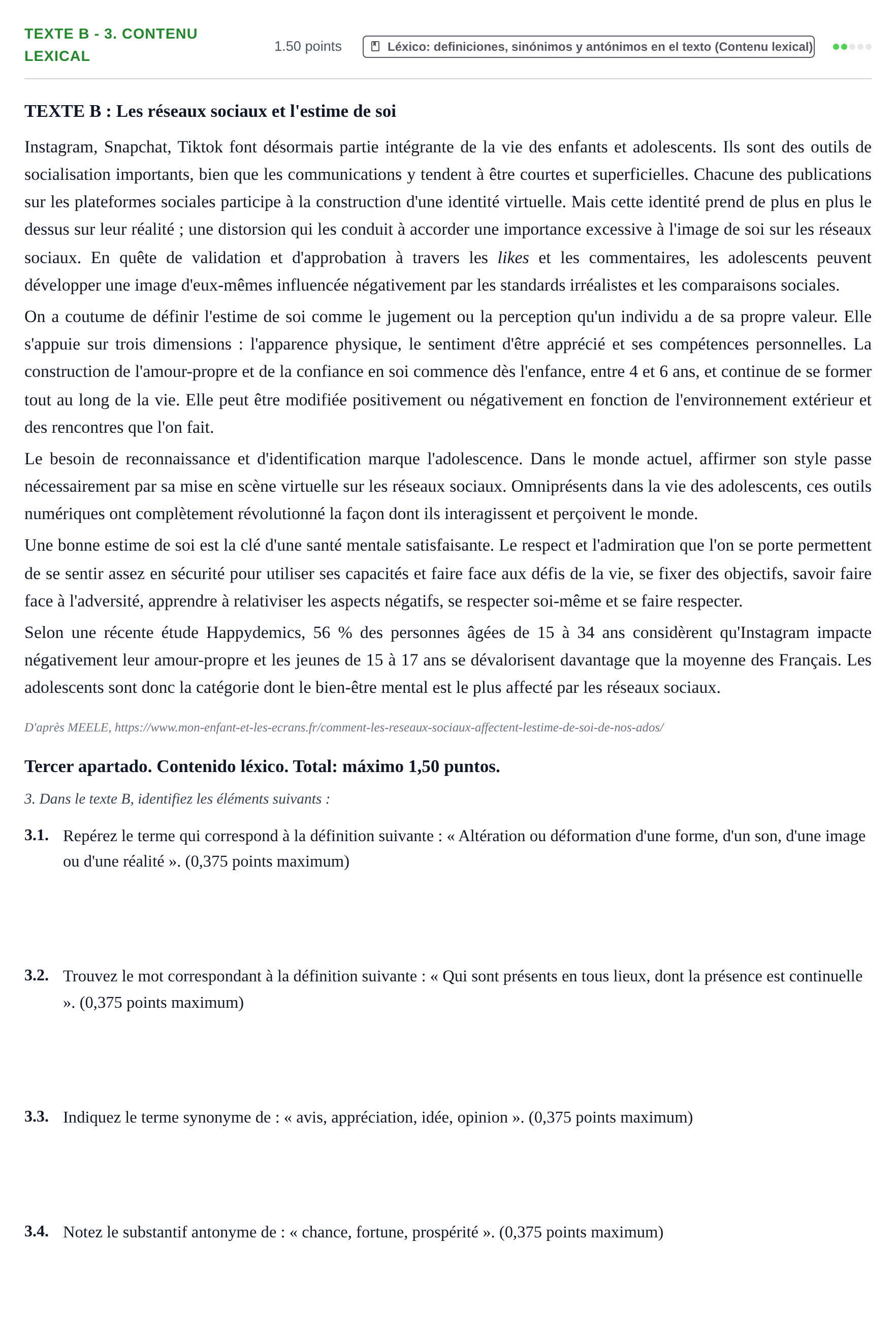 Enunciado: Ejercicio Texte B - 3. Contenu lexical · Francés PAU Extremadura Extraordinaria 2025