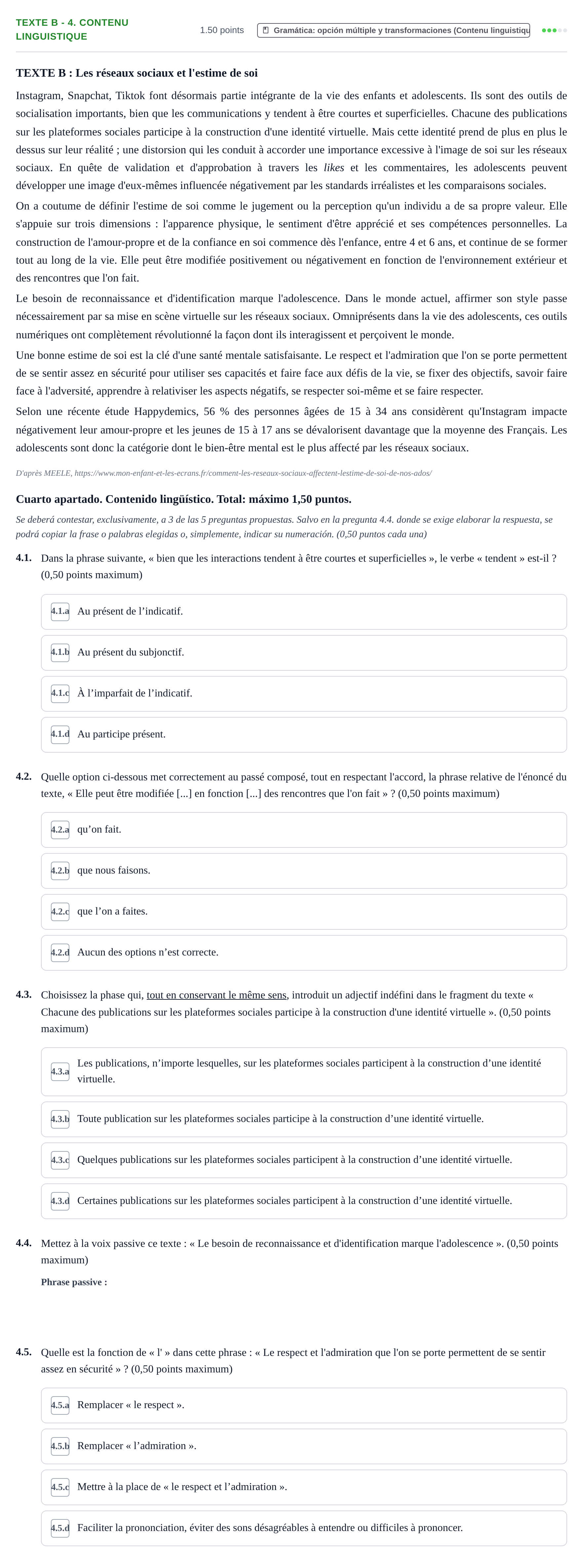 Enunciado: Ejercicio Texte B - 4. Contenu linguistique · Francés PAU Extremadura Extraordinaria 2025