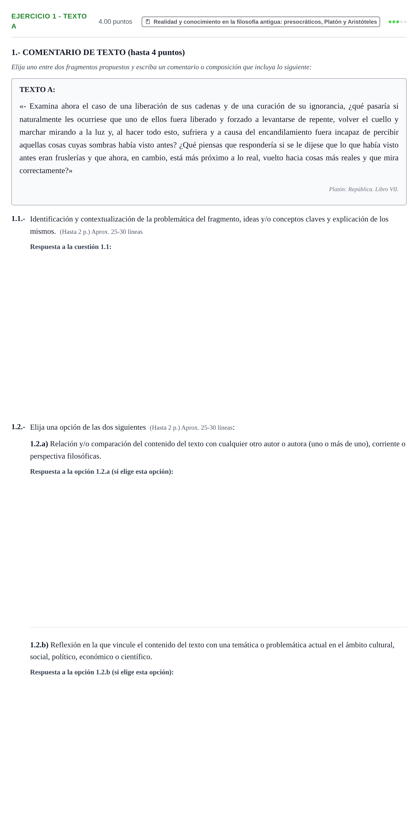 Enunciado: Ejercicio 1 - Texto A · Historia de la Filosofía PAU Extremadura Extraordinaria 2025