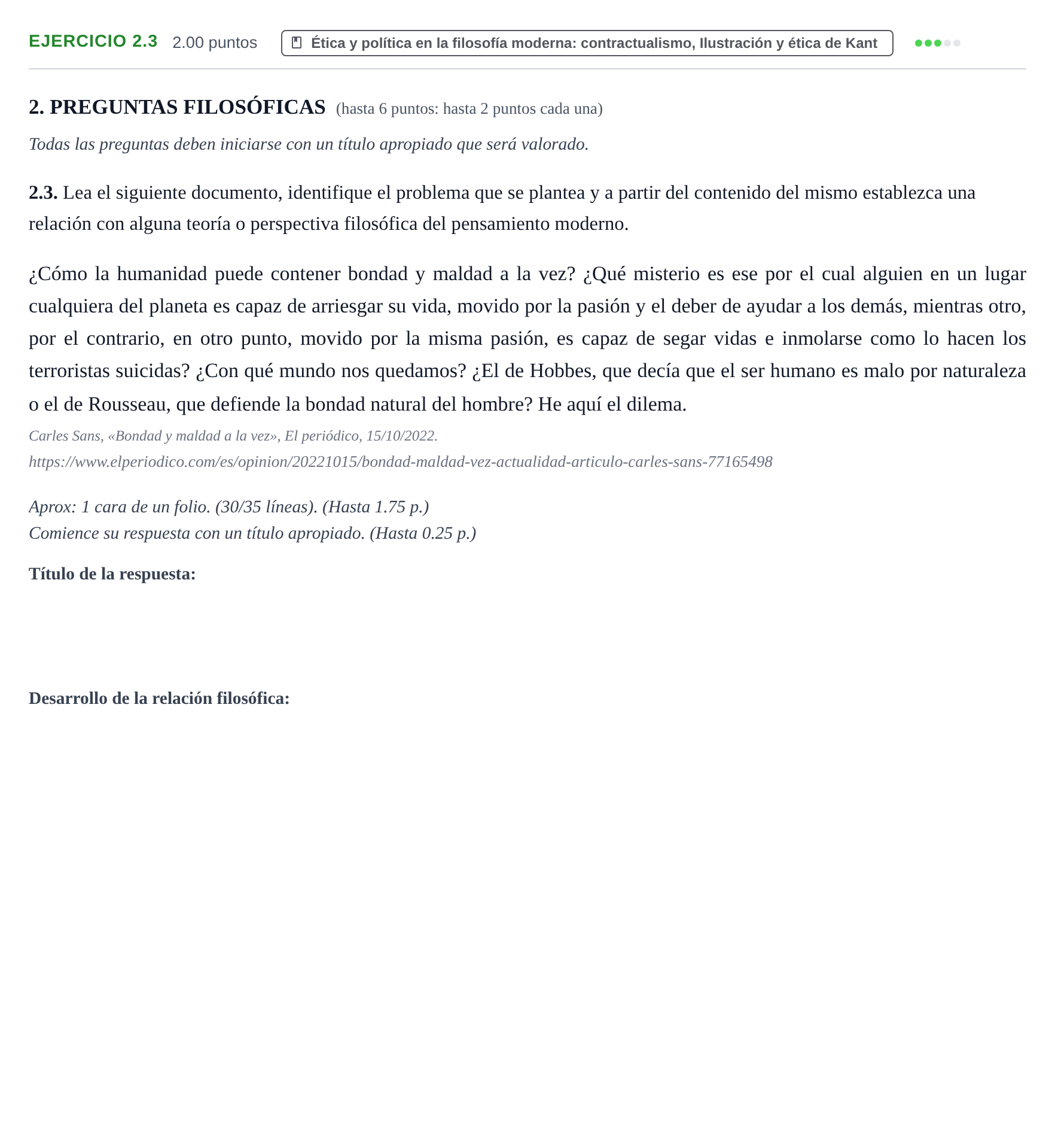 Enunciado: Ejercicio 2.3 · Historia de la Filosofía PAU Extremadura Extraordinaria 2025