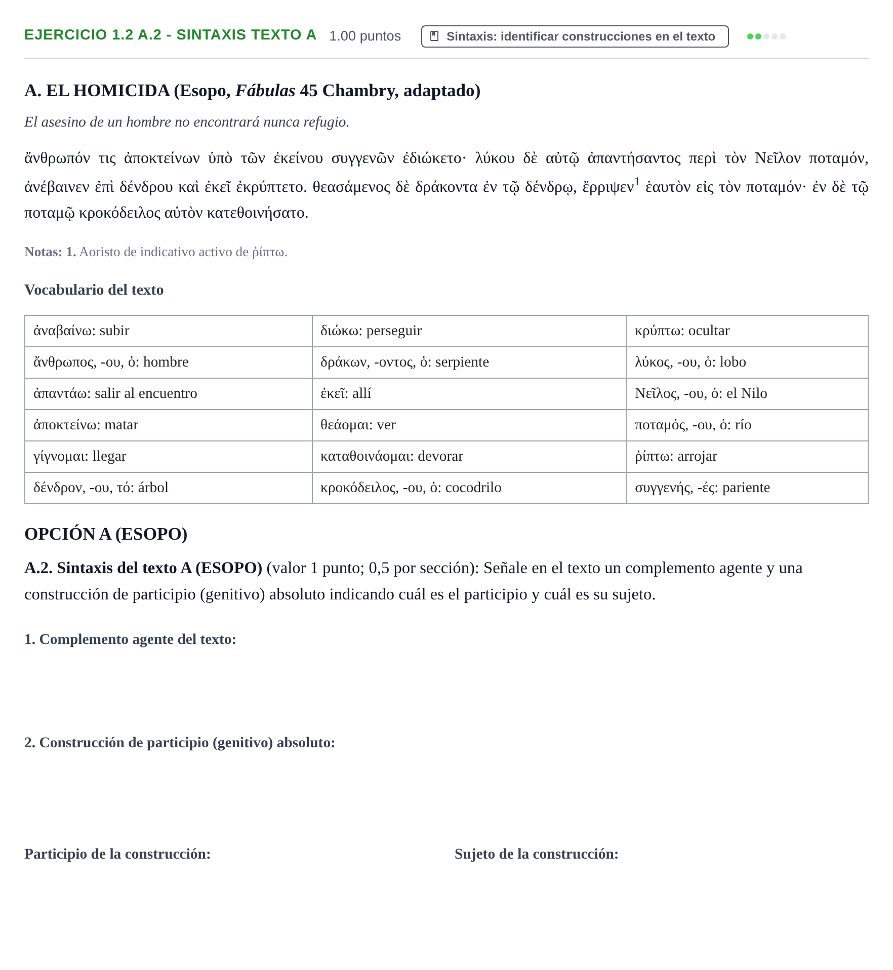 Enunciado: Ejercicio 1.2 A.2 - Sintaxis texto A · Griego II PAU Extremadura Extraordinaria 2025