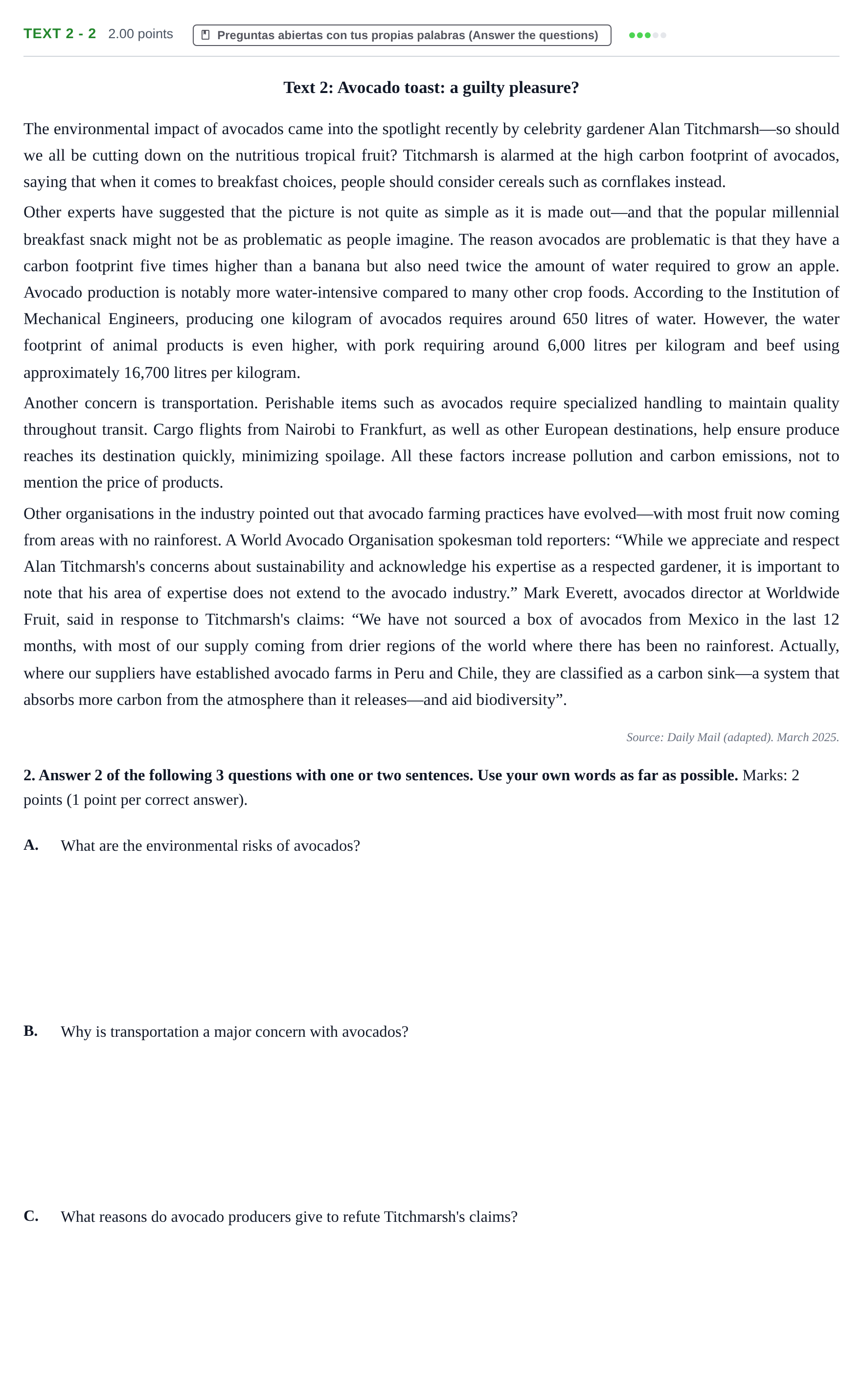 Enunciado: Ejercicio Text 2 - 2 · Inglés PAU Extremadura Extraordinaria 2025