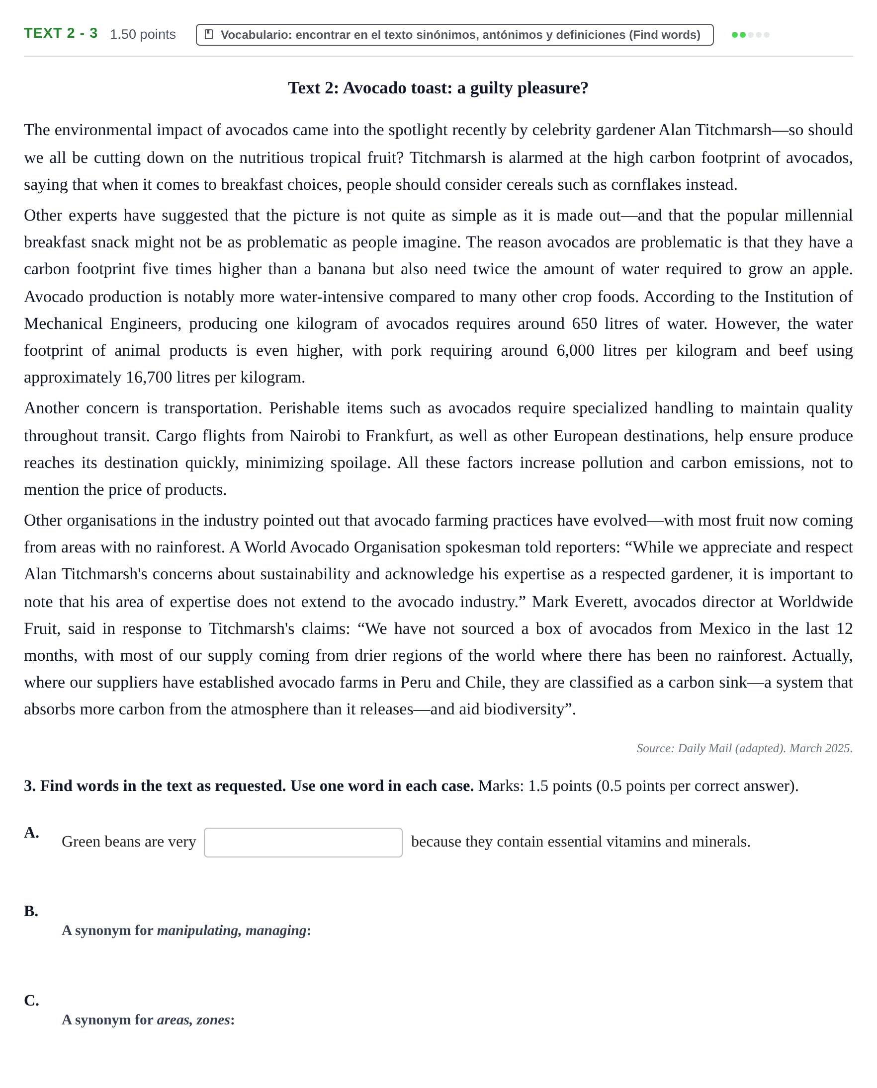 Enunciado: Ejercicio Text 2 - 3 · Inglés PAU Extremadura Extraordinaria 2025