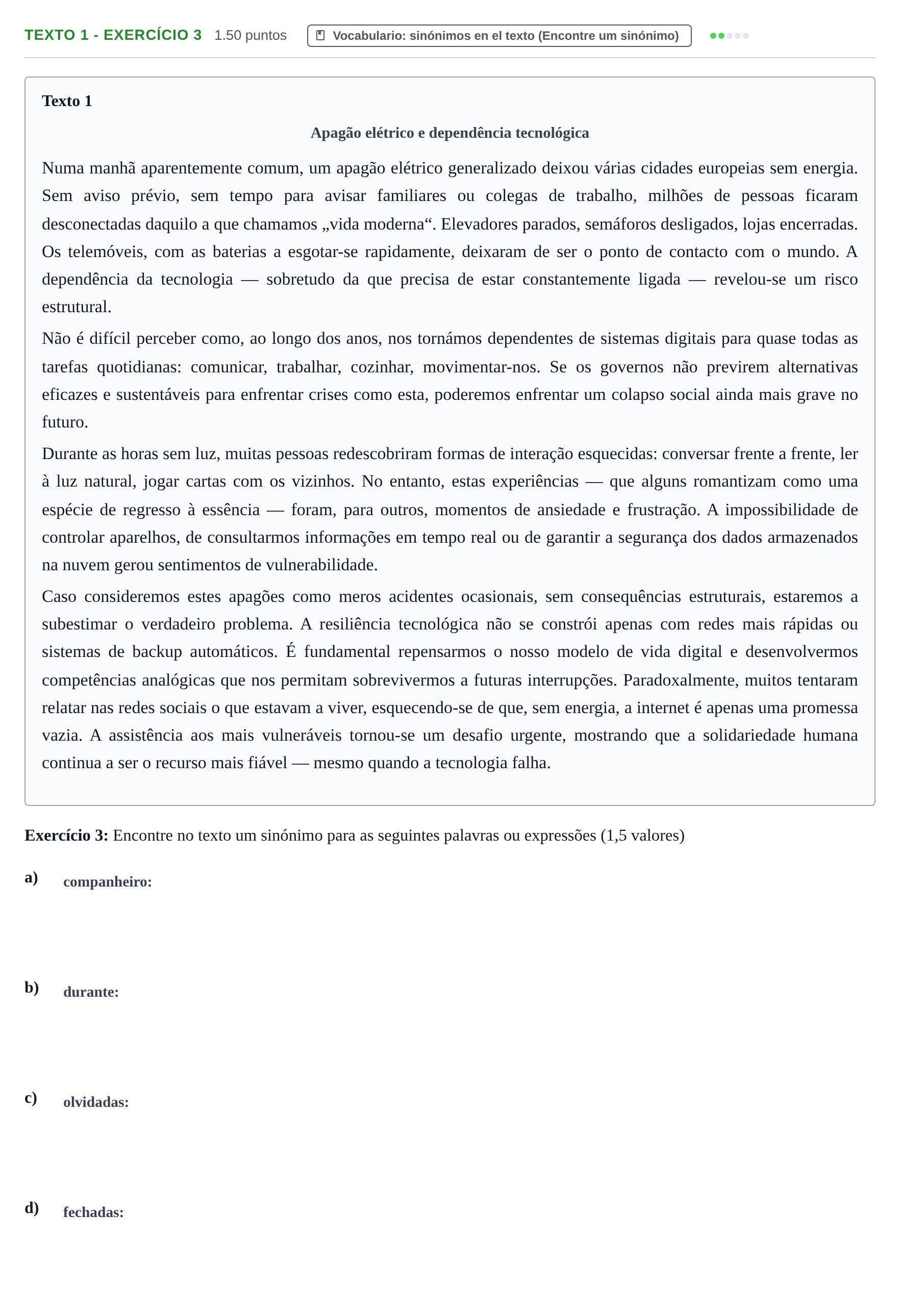 Enunciado: Ejercicio Texto 1 - Exercício 3 · Portugués PAU Extremadura Extraordinaria 2025