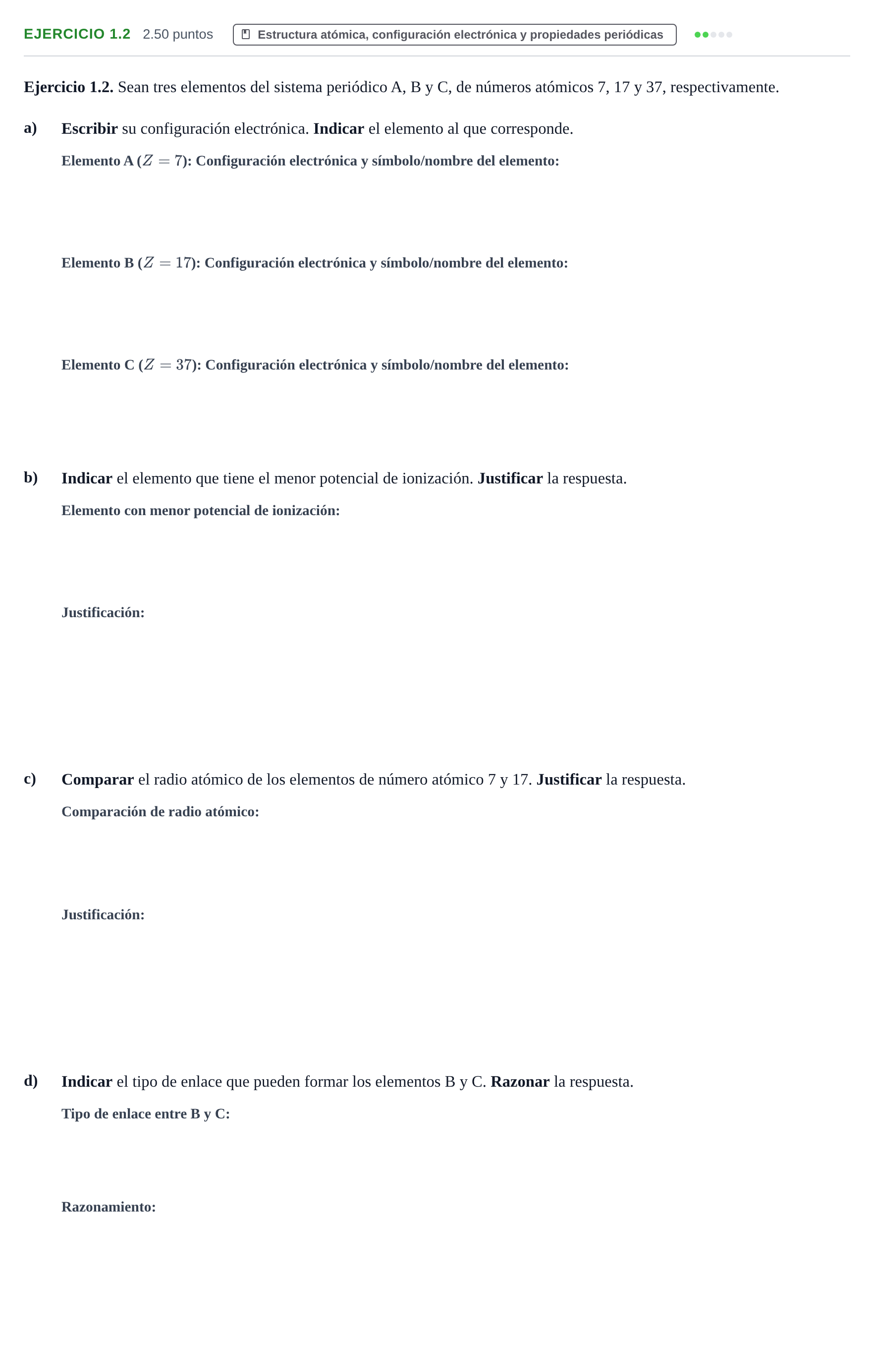 Enunciado: Ejercicio 1.2 · Química PAU Extremadura Extraordinaria 2025