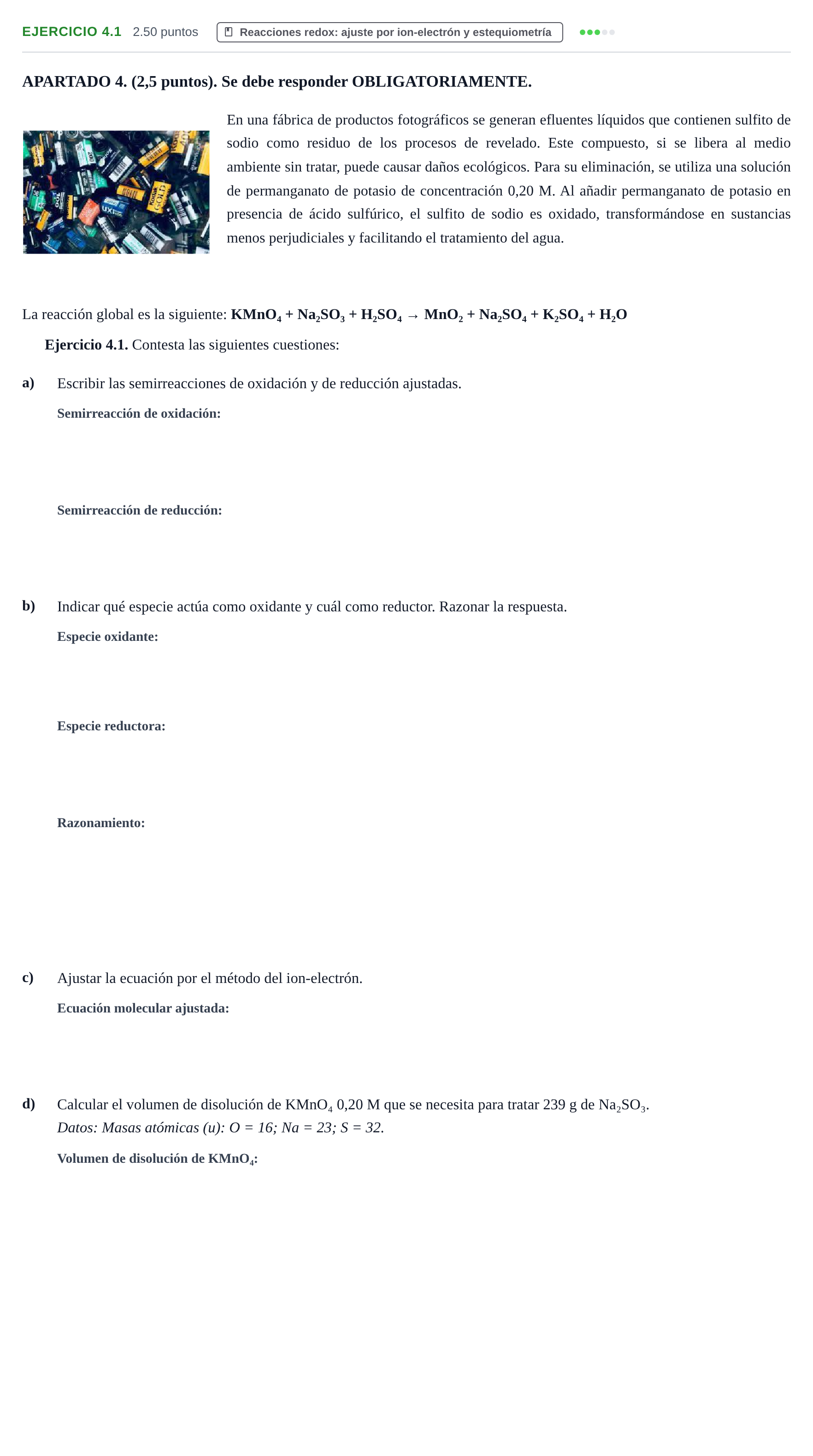 Enunciado: Ejercicio 4.1 · Química PAU Extremadura Extraordinaria 2025