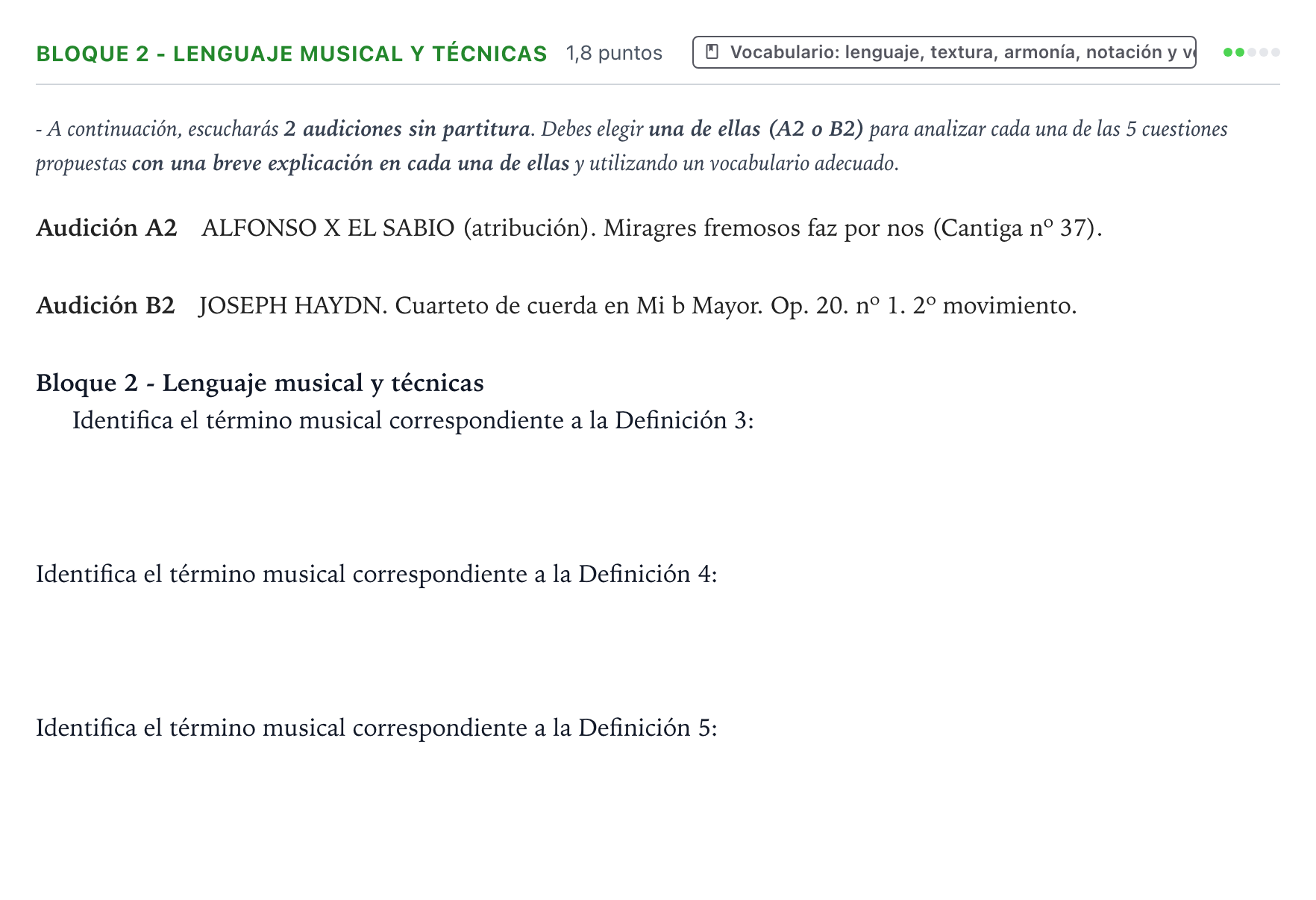 Enunciado: Bloque 2 - Lenguaje musical y técnicas · Análisis Musical II PAU Extremadura Ordinaria 2025