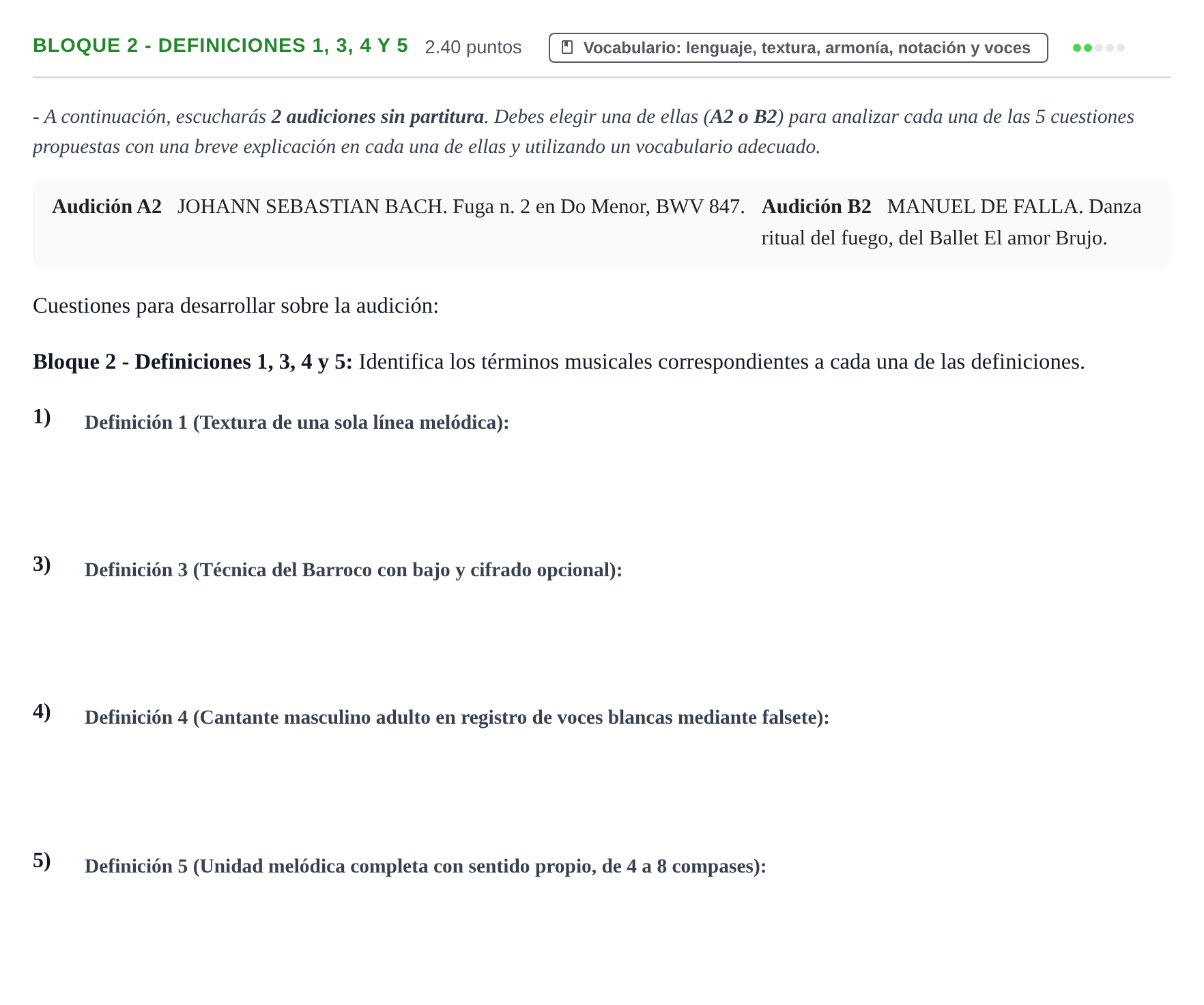 Enunciado: Bloque 2 - Definiciones 1, 3, 4 y 5 · Análisis Musical II PAU Extremadura Extraordinaria 2025