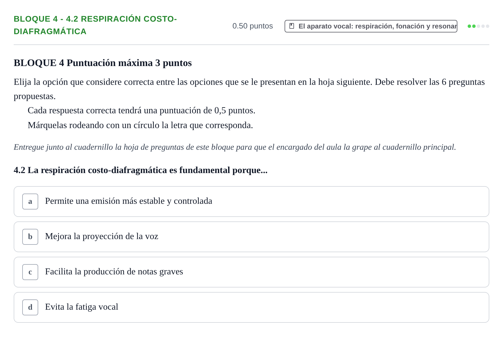 Enunciado: Bloque 4 - 4.2 Respiración costo-diafragmática · Coro y Técnica Vocal PAU Extremadura Extraordinaria 2025