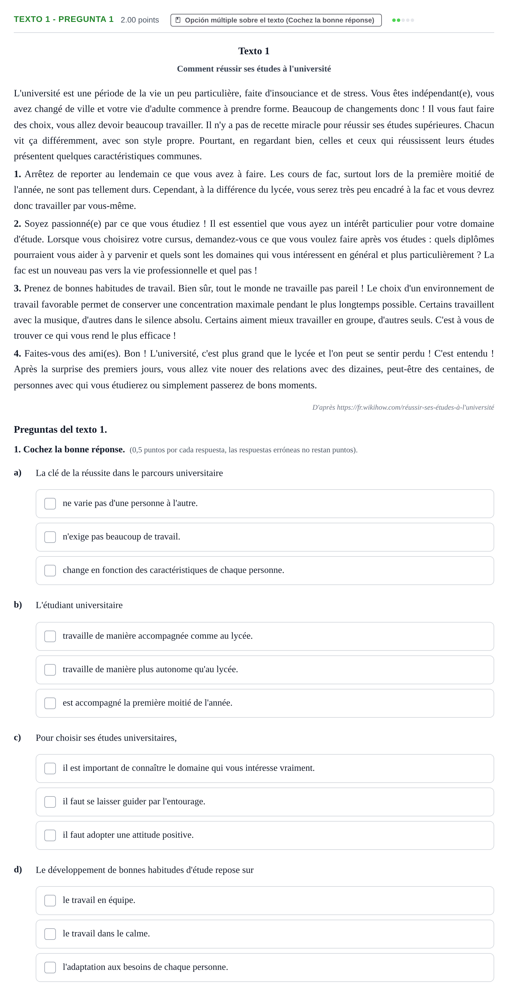 Enunciado: Ejercicio Texto 1 - Pregunta 1 · Francés PAU Asturias Extraordinaria (2ª lengua extranjera) 2024