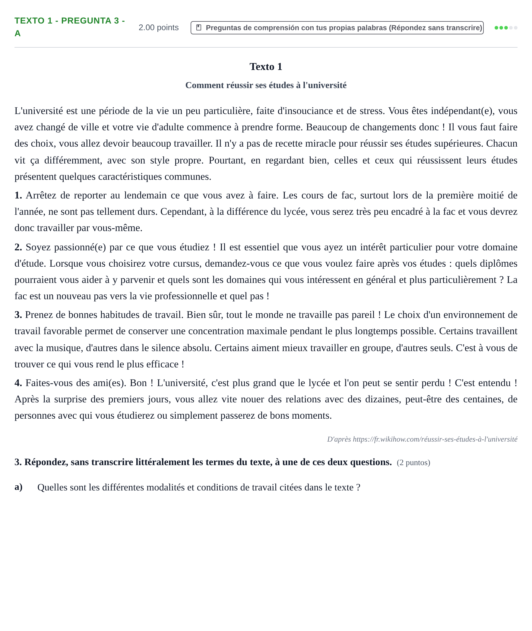 Enunciado: Ejercicio Texto 1 - Pregunta 3 - a · Francés PAU Asturias Extraordinaria (2ª lengua extranjera) 2024