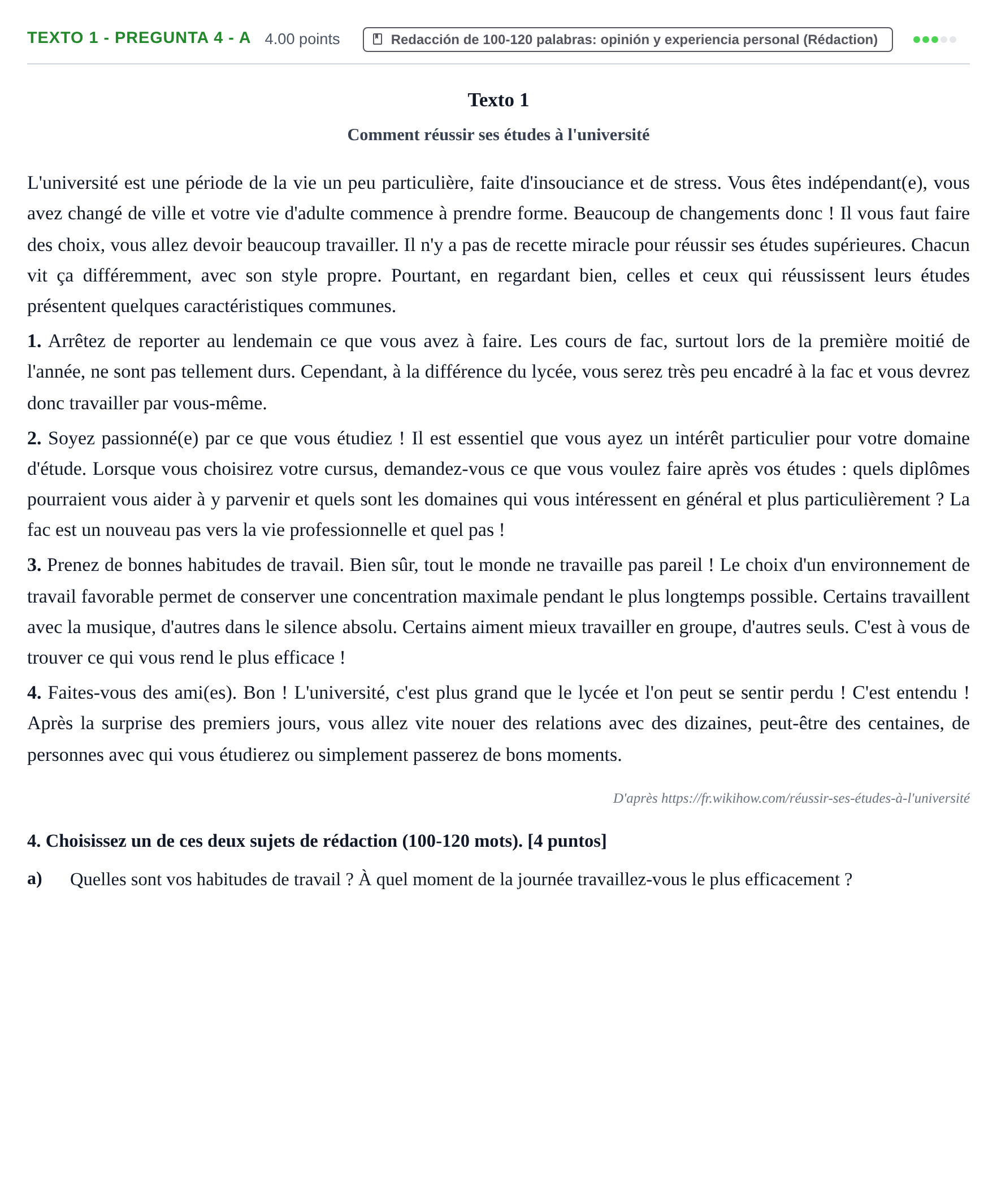 Enunciado: Ejercicio Texto 1 - Pregunta 4 - a · Francés PAU Asturias Extraordinaria (2ª lengua extranjera) 2024