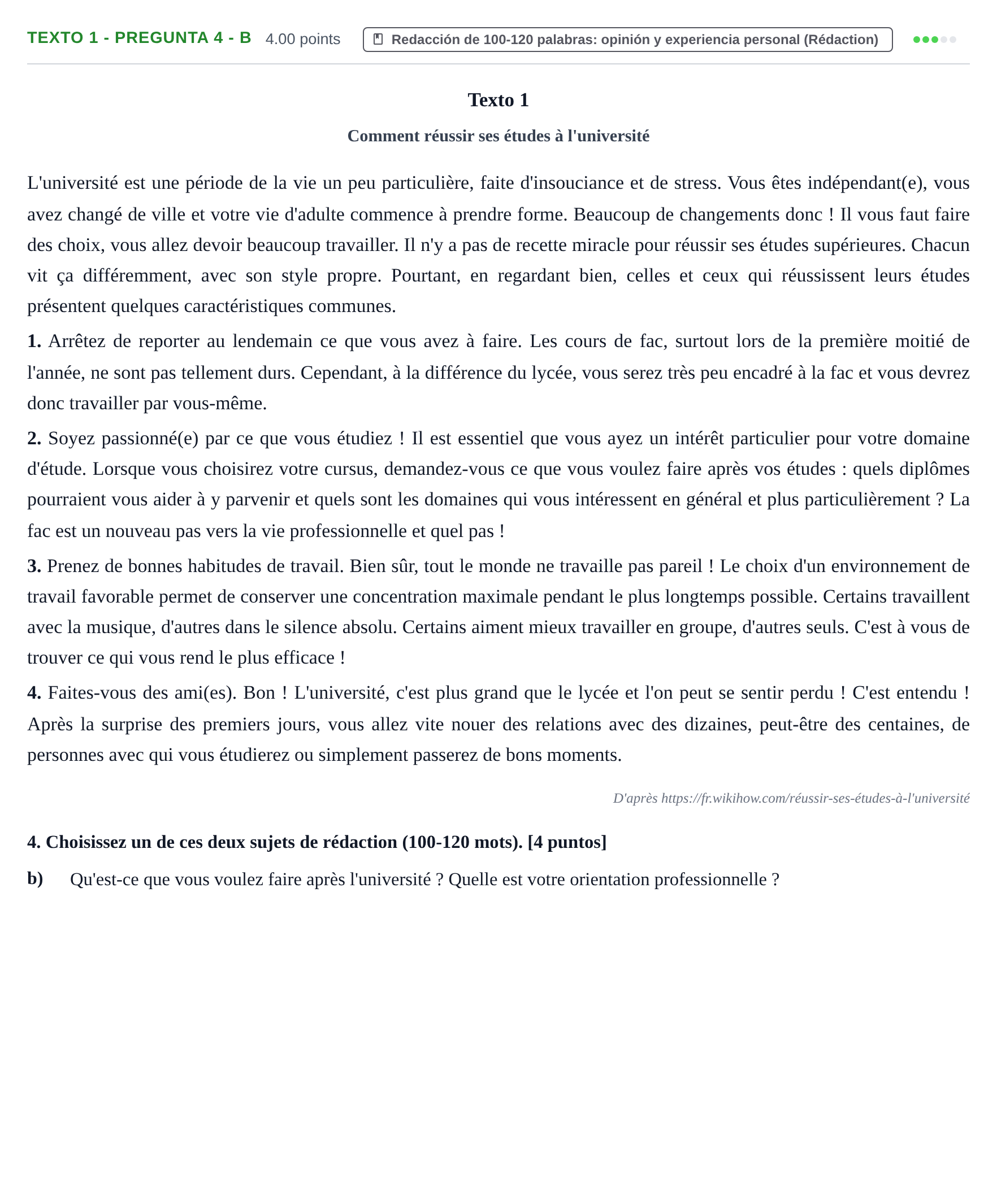 Enunciado: Ejercicio Texto 1 - Pregunta 4 - b · Francés PAU Asturias Extraordinaria (2ª lengua extranjera) 2024