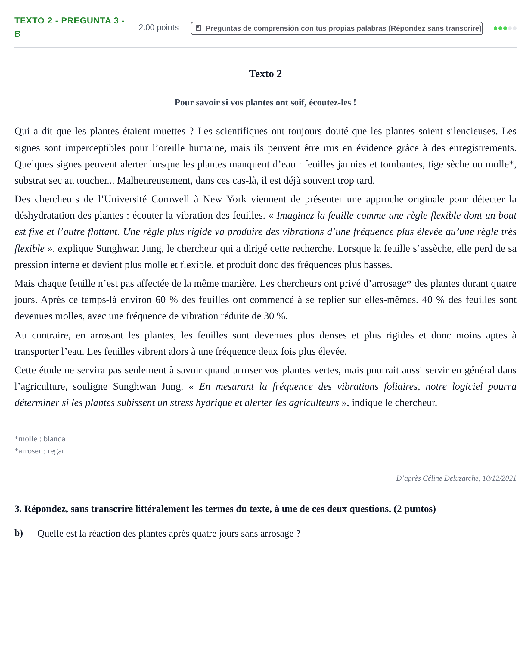 Enunciado: Ejercicio Texto 2 - Pregunta 3 - b · Francés PAU Asturias Extraordinaria (2ª lengua extranjera) 2024