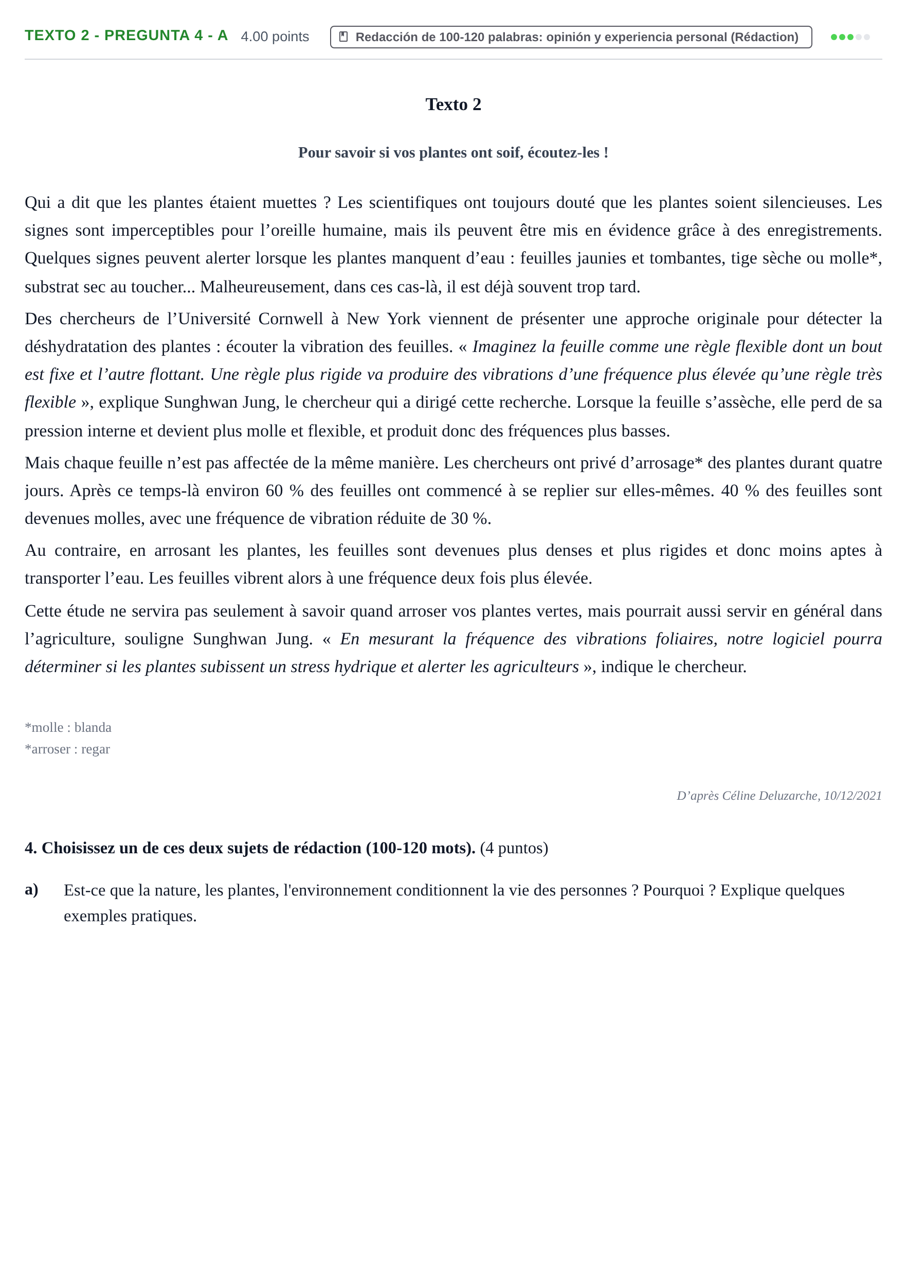 Enunciado: Ejercicio Texto 2 - Pregunta 4 - a · Francés PAU Asturias Extraordinaria (2ª lengua extranjera) 2024