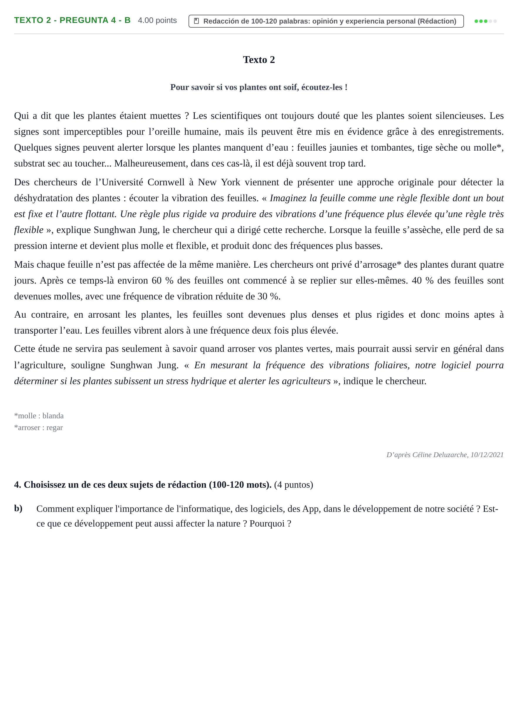 Enunciado: Ejercicio Texto 2 - Pregunta 4 - b · Francés PAU Asturias Extraordinaria (2ª lengua extranjera) 2024