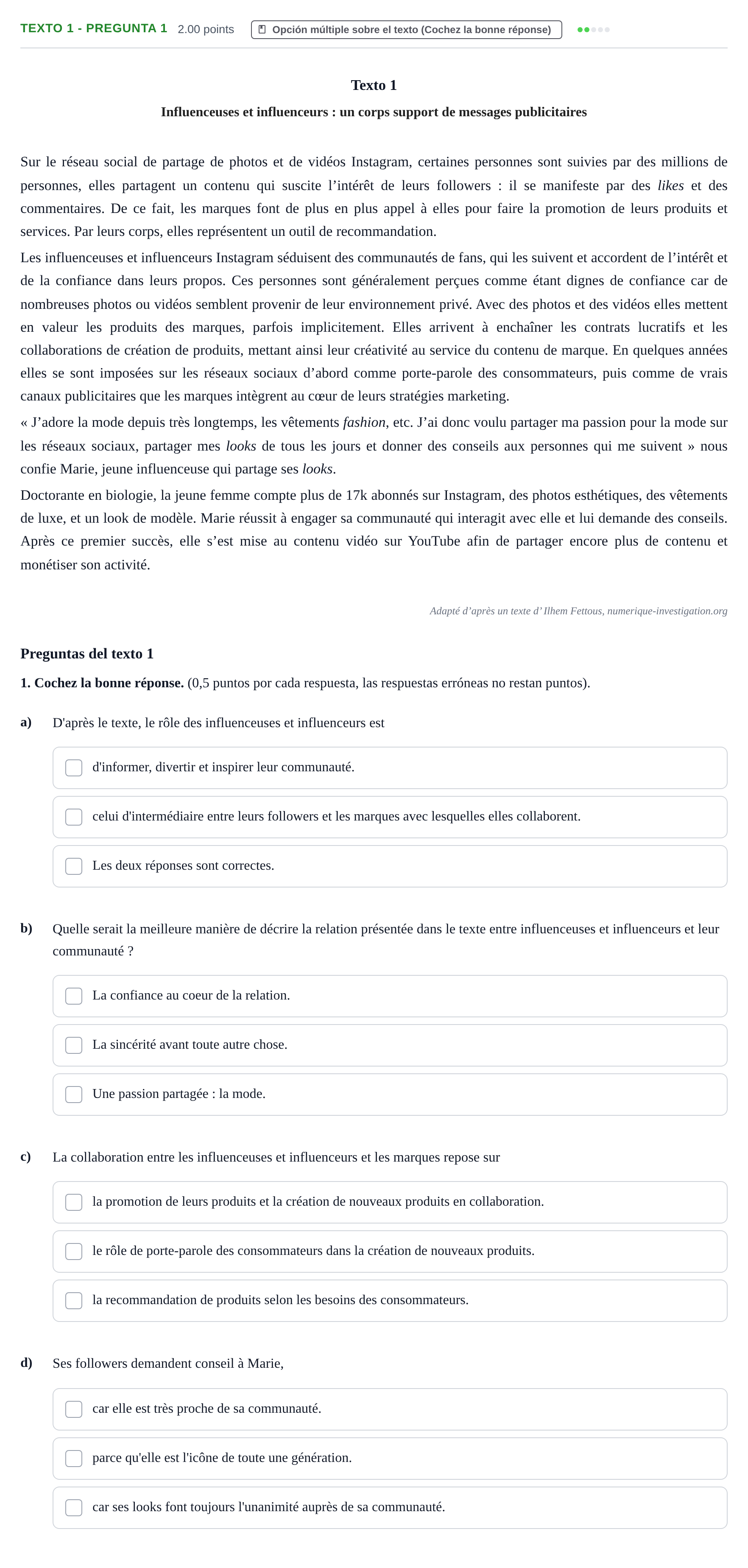 Enunciado: Ejercicio Texto 1 - Pregunta 1 · Francés PAU Asturias Extraordinaria 2024
