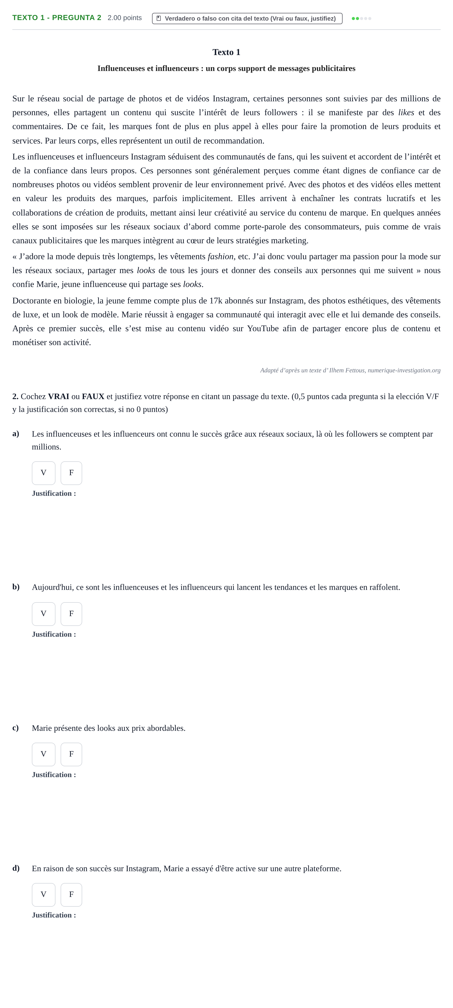 Enunciado: Ejercicio Texto 1 - Pregunta 2 · Francés PAU Asturias Extraordinaria 2024