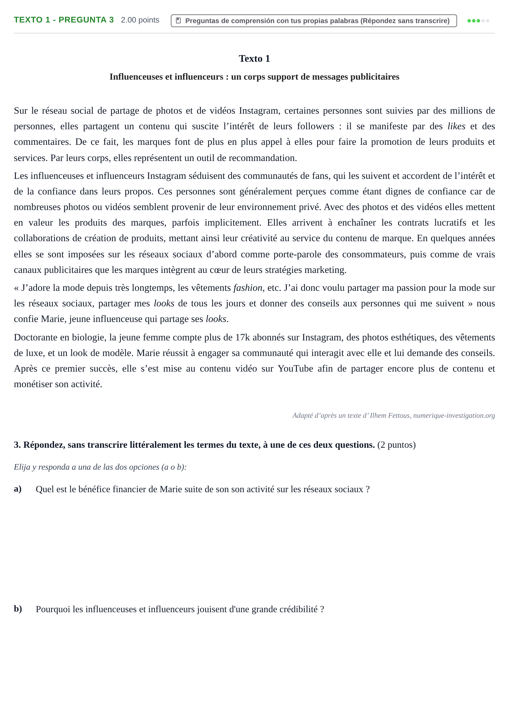 Enunciado: Ejercicio Texto 1 - Pregunta 3 · Francés PAU Asturias Extraordinaria 2024