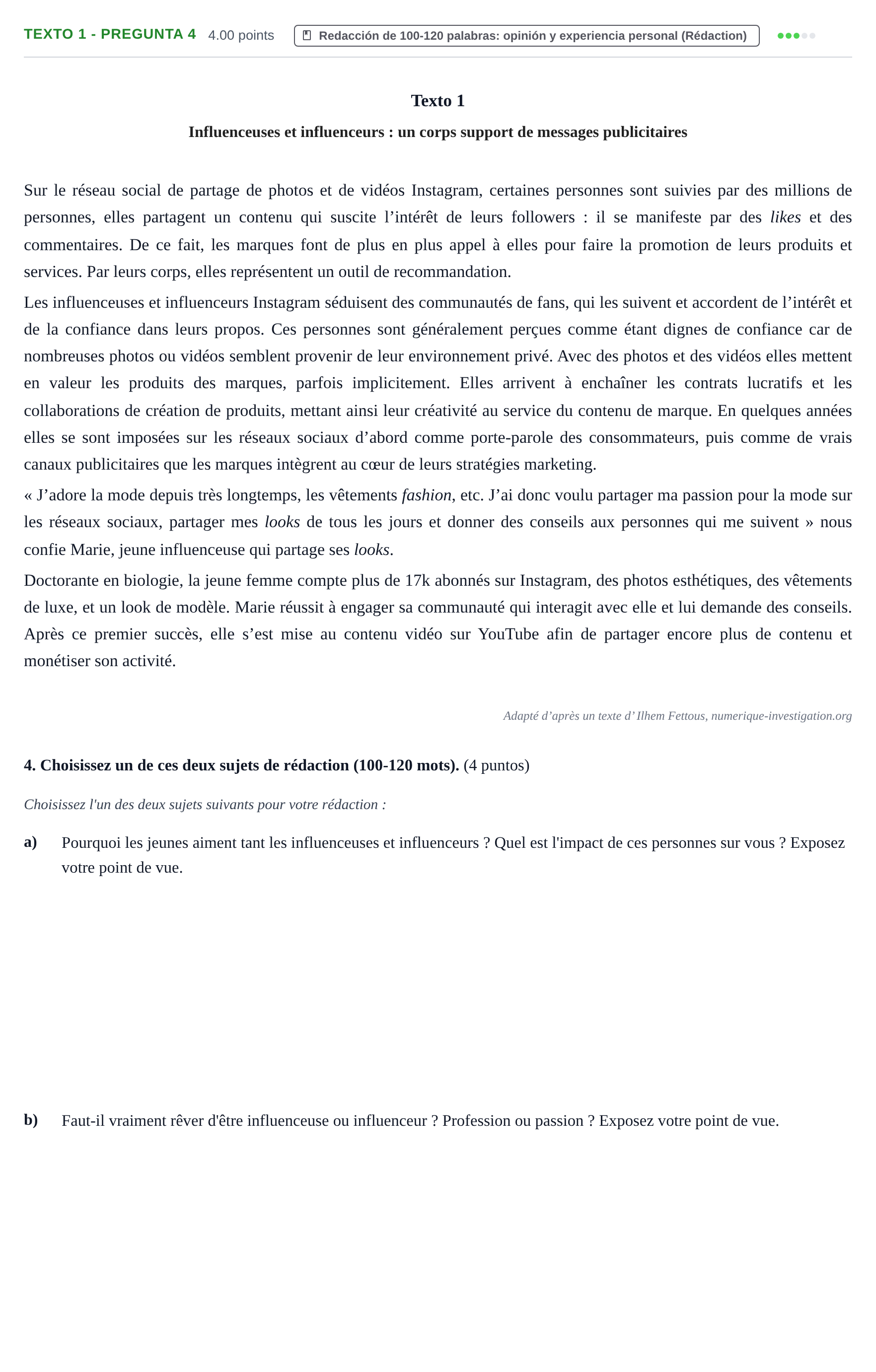 Enunciado: Ejercicio Texto 1 - Pregunta 4 · Francés PAU Asturias Extraordinaria 2024