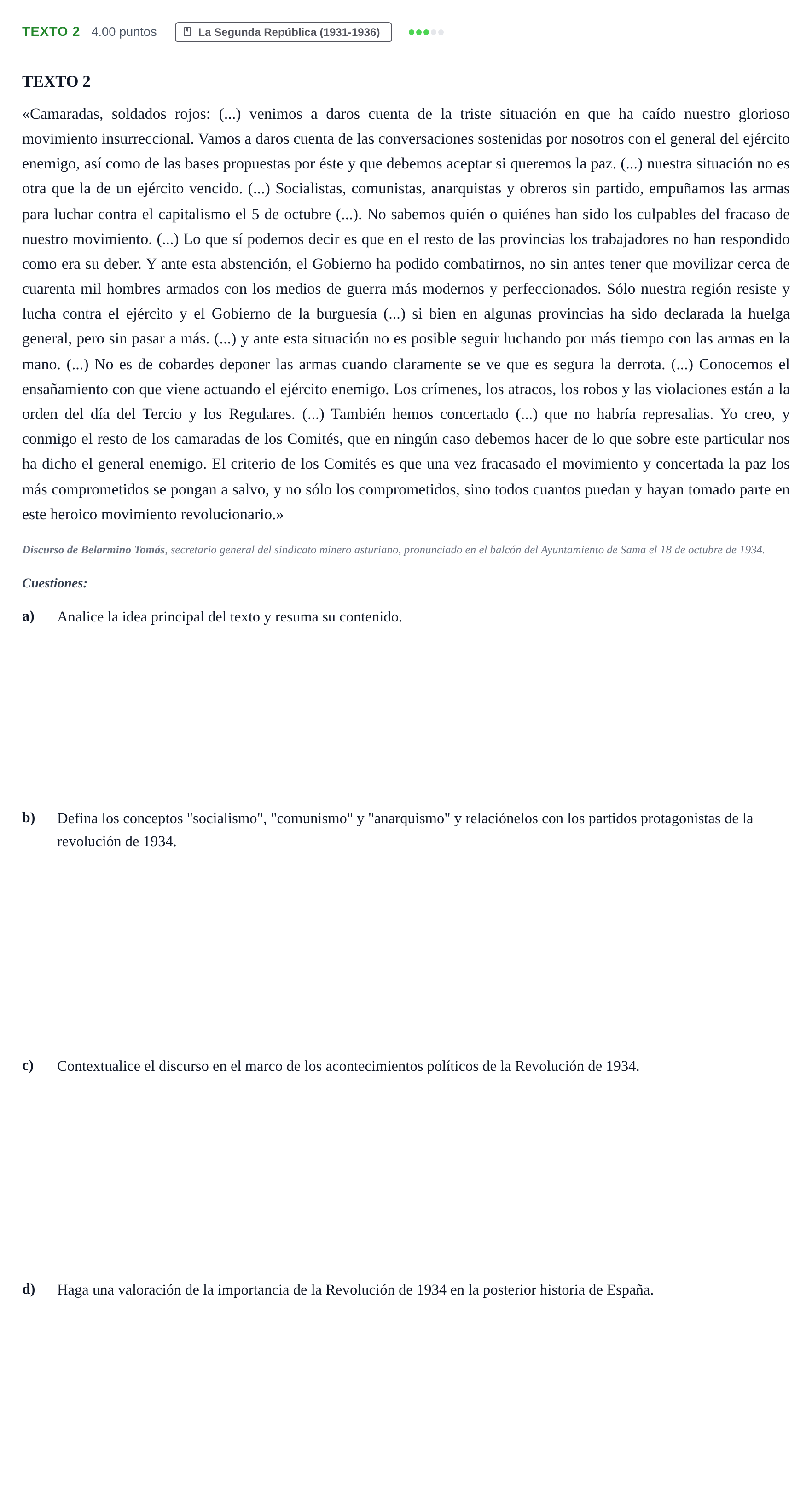 Enunciado: Ejercicio Texto 2 · Historia de España PAU Asturias Ordinaria 2024