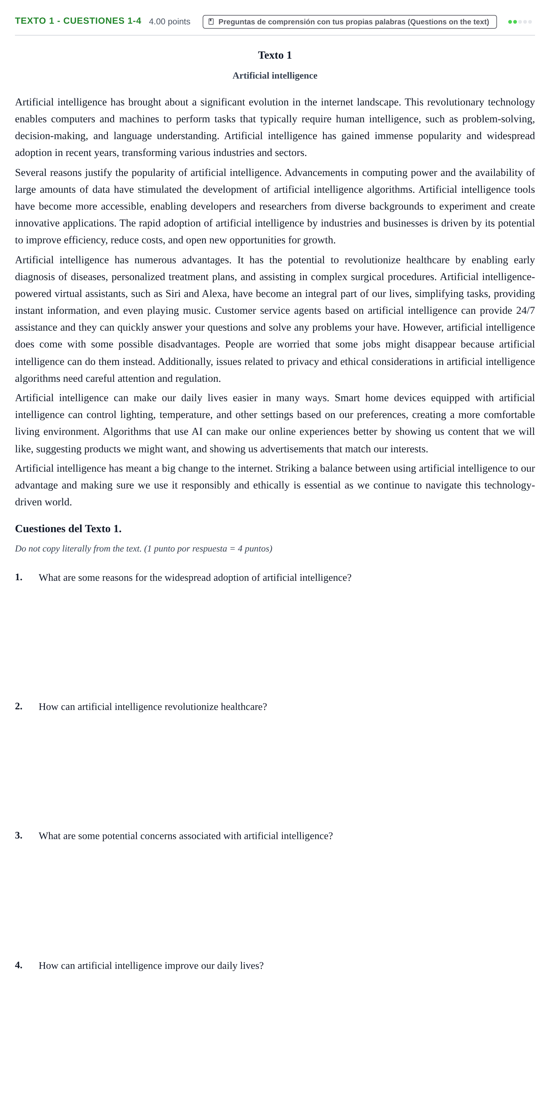 Enunciado: Ejercicio Texto 1 - Cuestiones 1-4 · Inglés PAU Asturias Extraordinaria 2024
