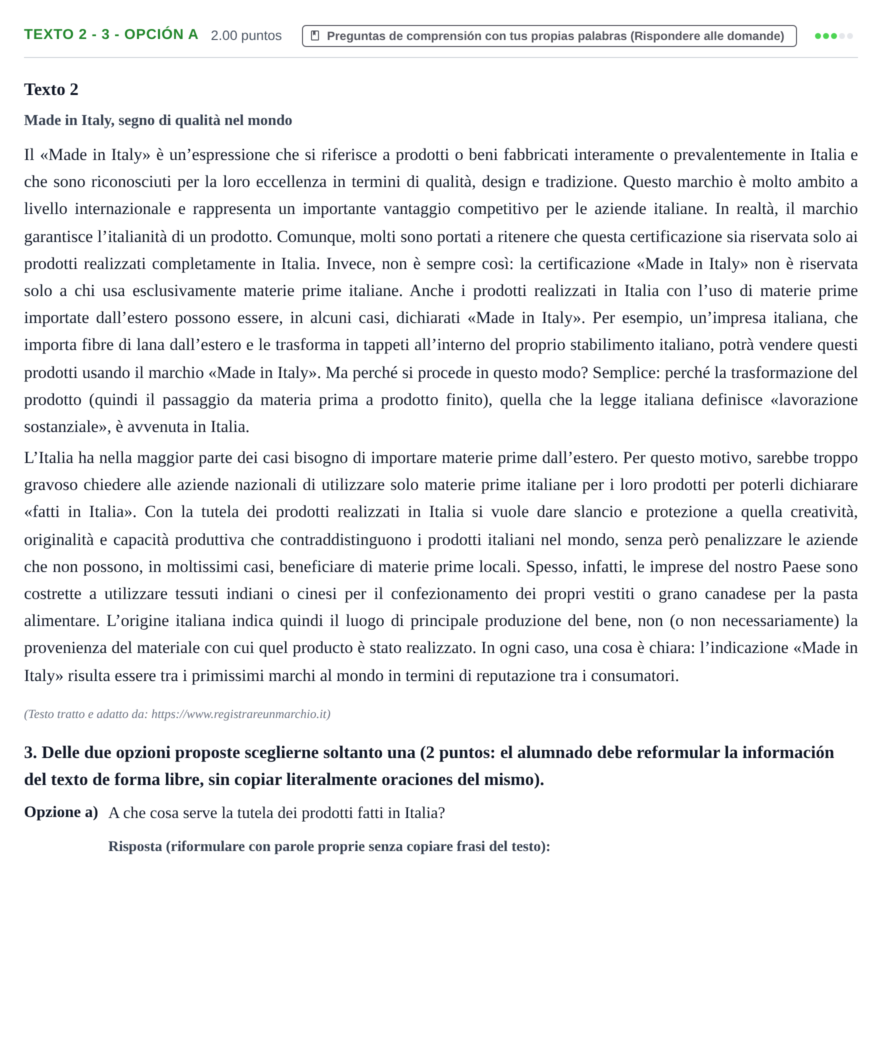 Enunciado: Ejercicio Texto 2 - 3 - Opción a · Italiano PAU Asturias Ordinaria (2ª lengua extranjera) 2024