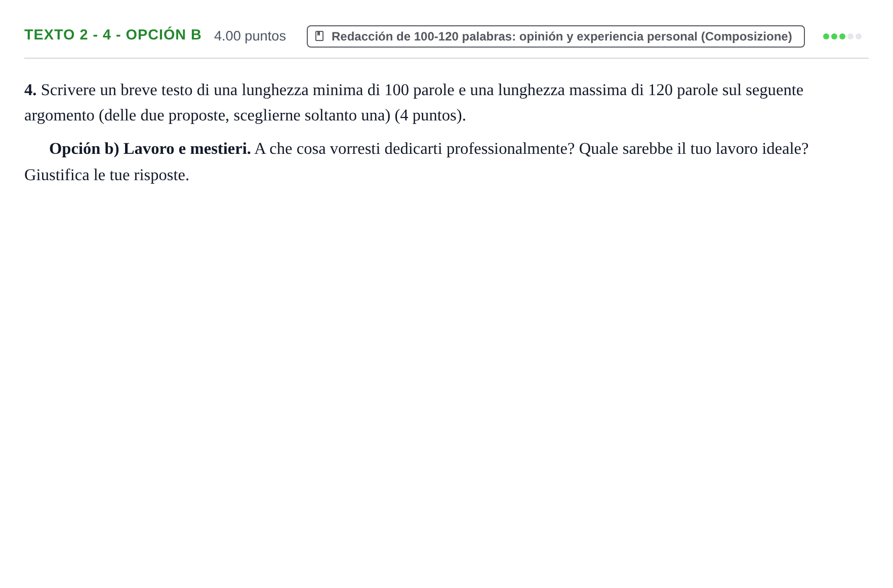 Enunciado: Ejercicio Texto 2 - 4 - Opción b · Italiano PAU Asturias Ordinaria (2ª lengua extranjera) 2024