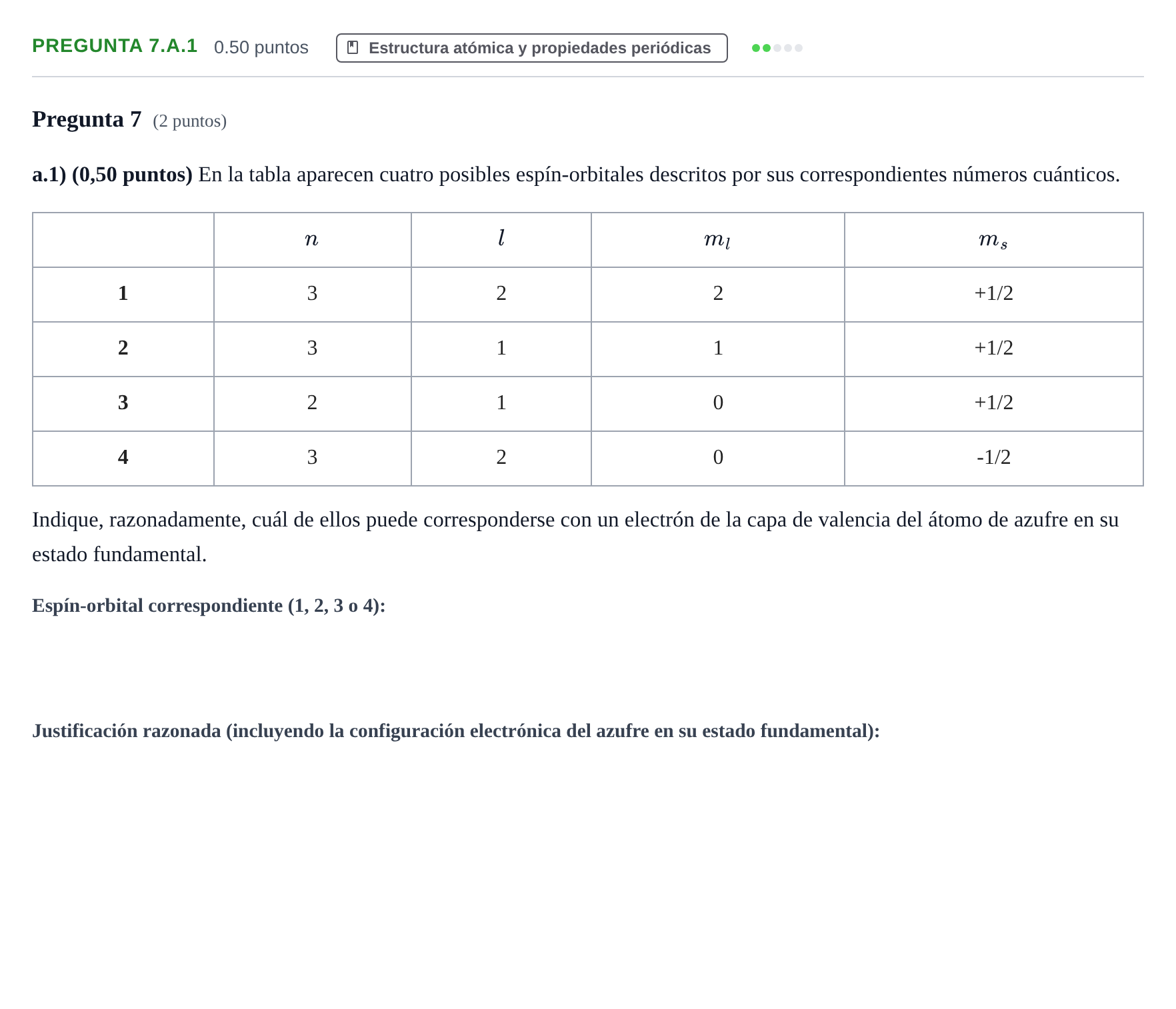 Enunciado: Pregunta 7.a.1 - Estructura atómica · Química PAU Asturias Ordinaria 2024