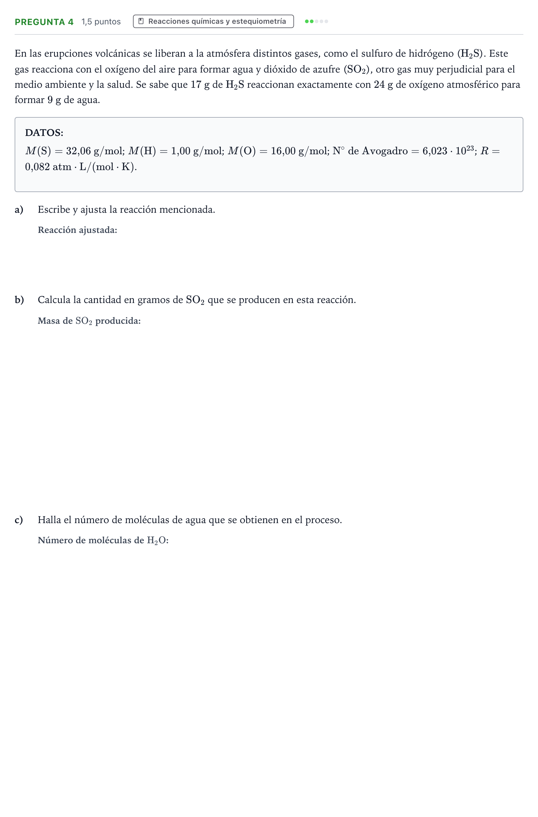 Enunciado: Pregunta 4 - Reacciones químicas y estequiometría · Ciencias Generales PAU Asturias Extraordinaria 2024