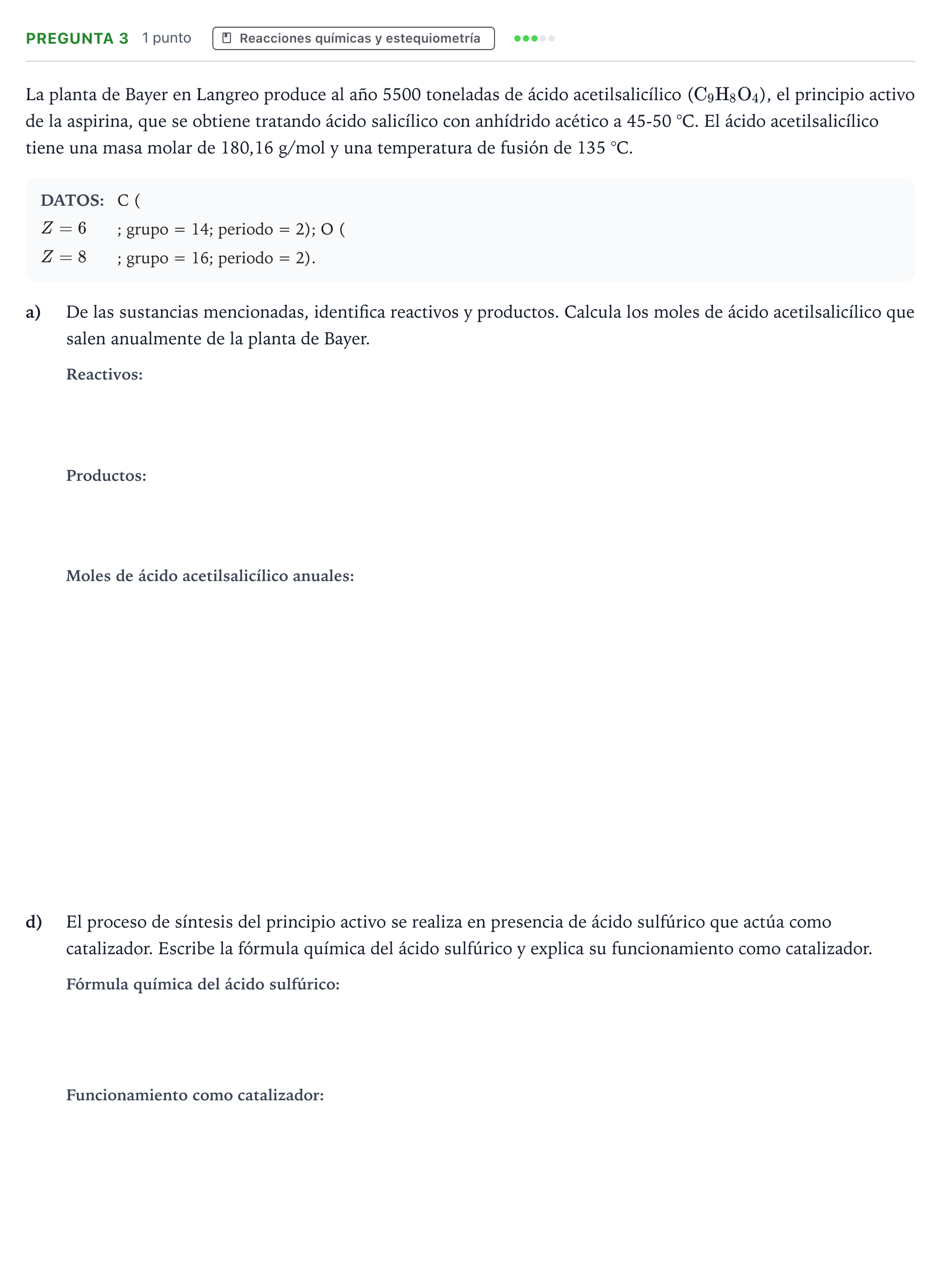 Enunciado: Pregunta 3 - Reacciones químicas y estequiometría · Ciencias Generales PAU Asturias Ordinaria 2024