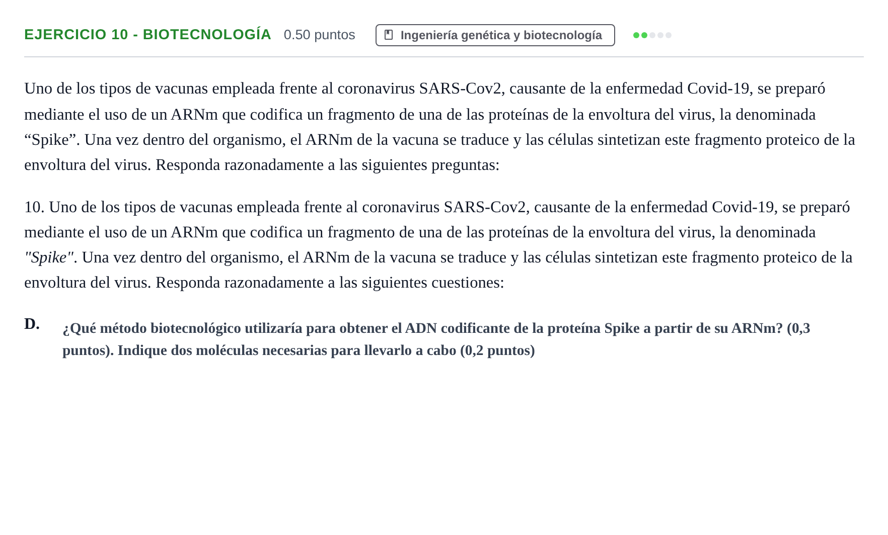 Enunciado: Ejercicio 10 - Biotecnología · Biología PAU Extremadura Ordinaria 2024
