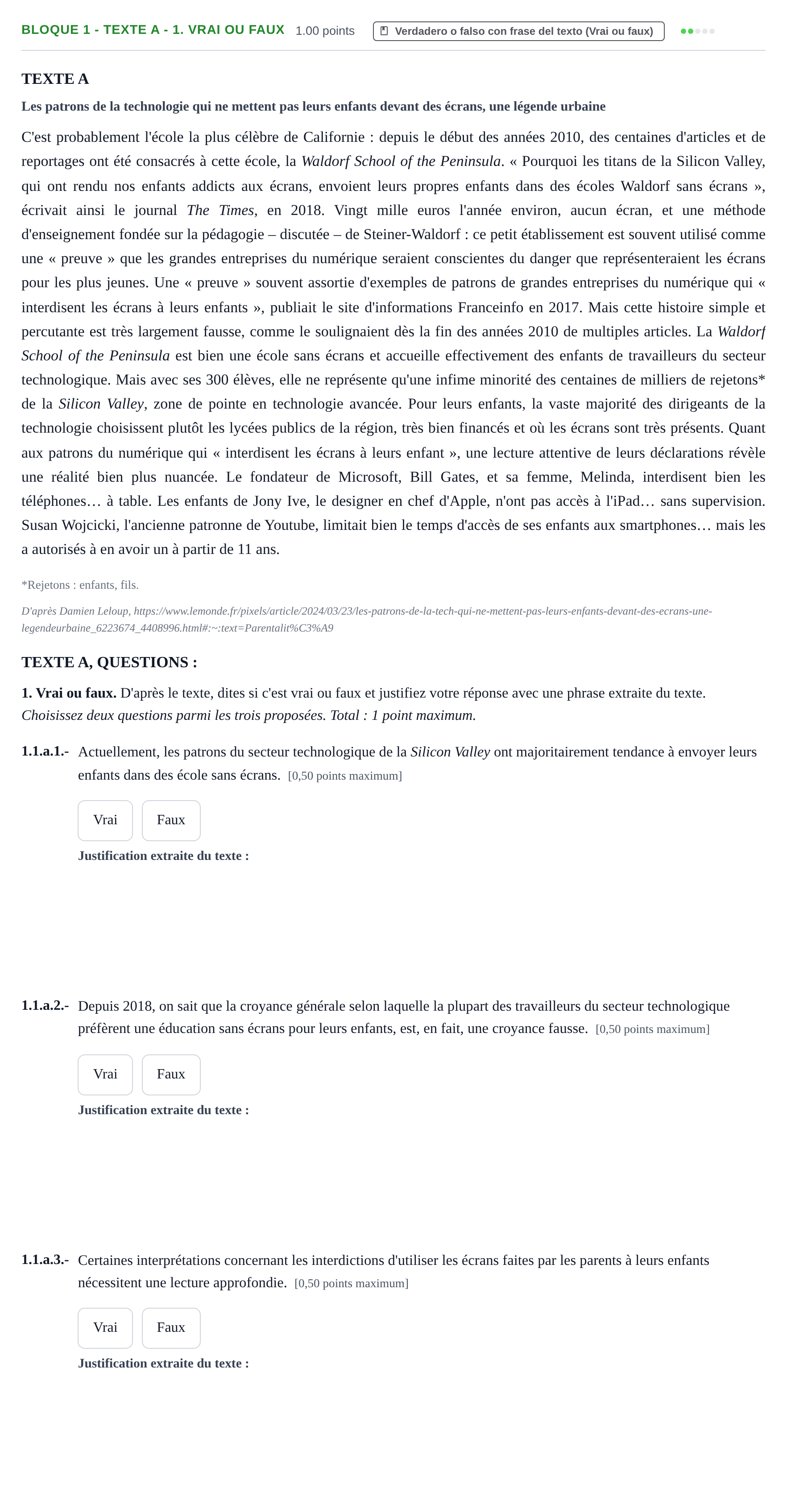Enunciado: Bloque 1 - Texte A - 1. Vrai ou faux · Francés PAU Extremadura Ordinaria 2024