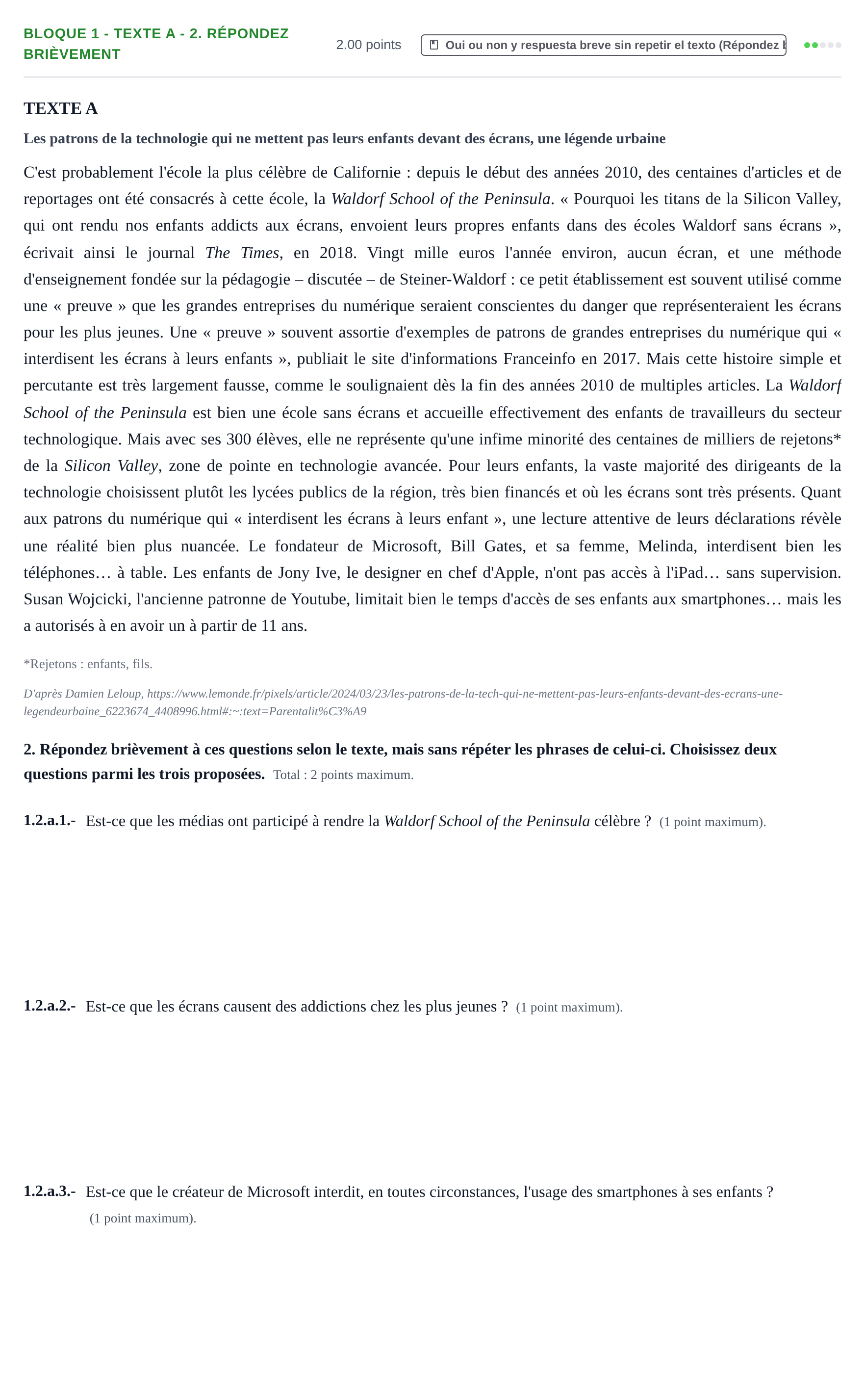 Enunciado: Bloque 1 - Texte A - 2. Répondez brièvement · Francés PAU Extremadura Ordinaria 2024