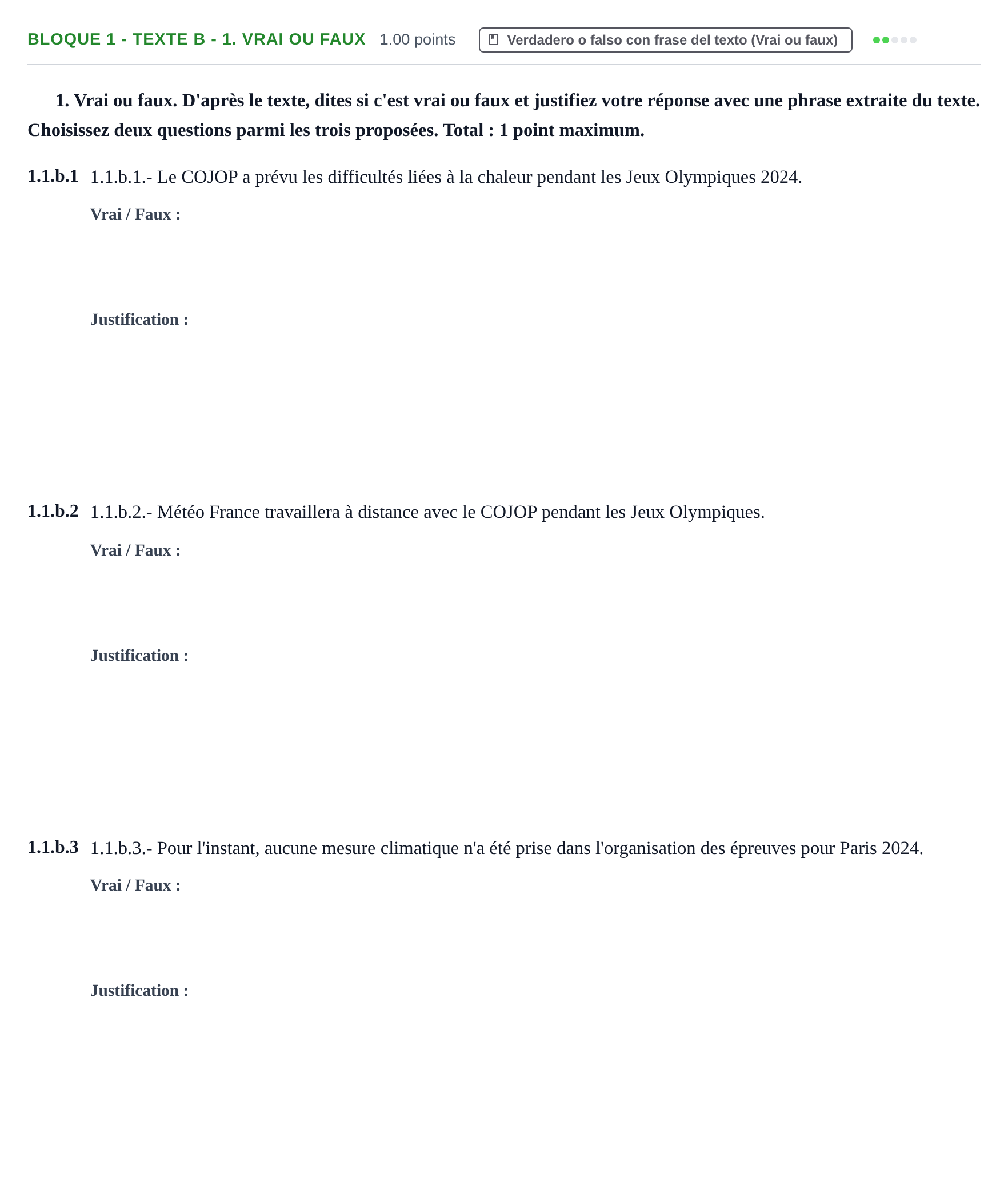 Enunciado: Bloque 1 - Texte B - 1. Vrai ou faux · Francés PAU Extremadura Ordinaria 2024