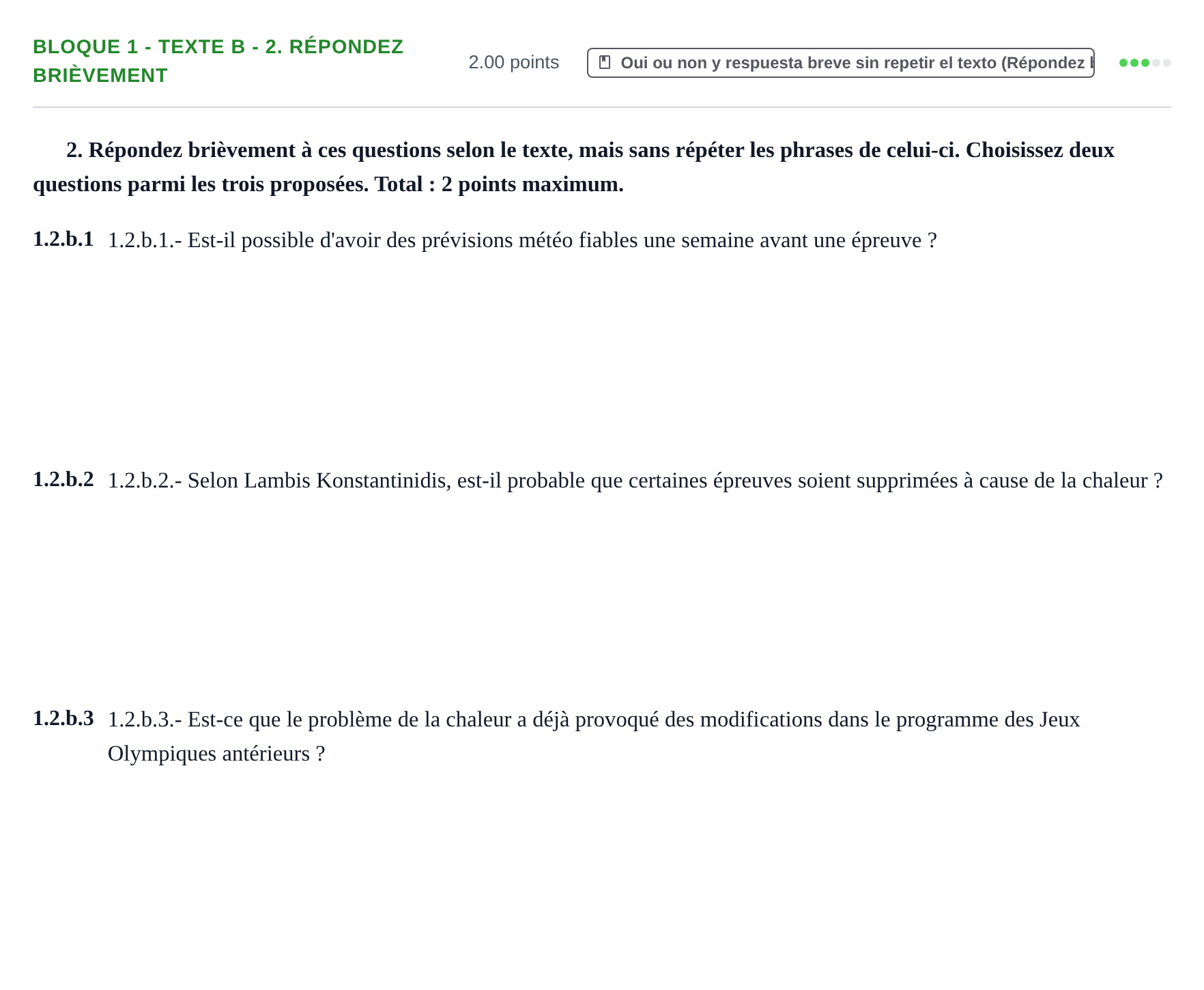 Enunciado: Bloque 1 - Texte B - 2. Répondez brièvement · Francés PAU Extremadura Ordinaria 2024