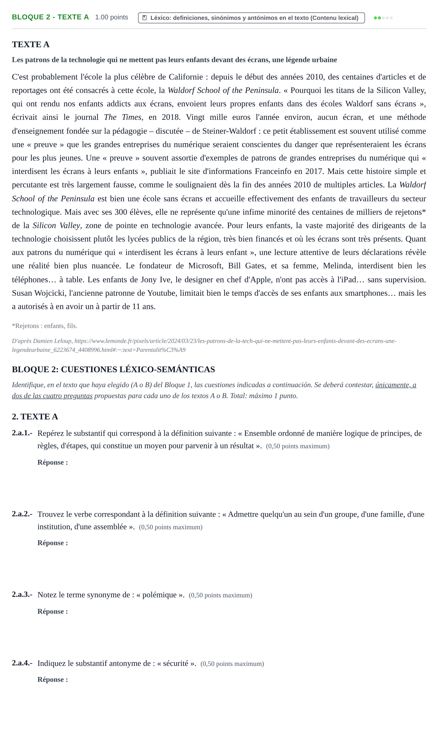 Enunciado: Bloque 2 - Texte A · Francés PAU Extremadura Ordinaria 2024