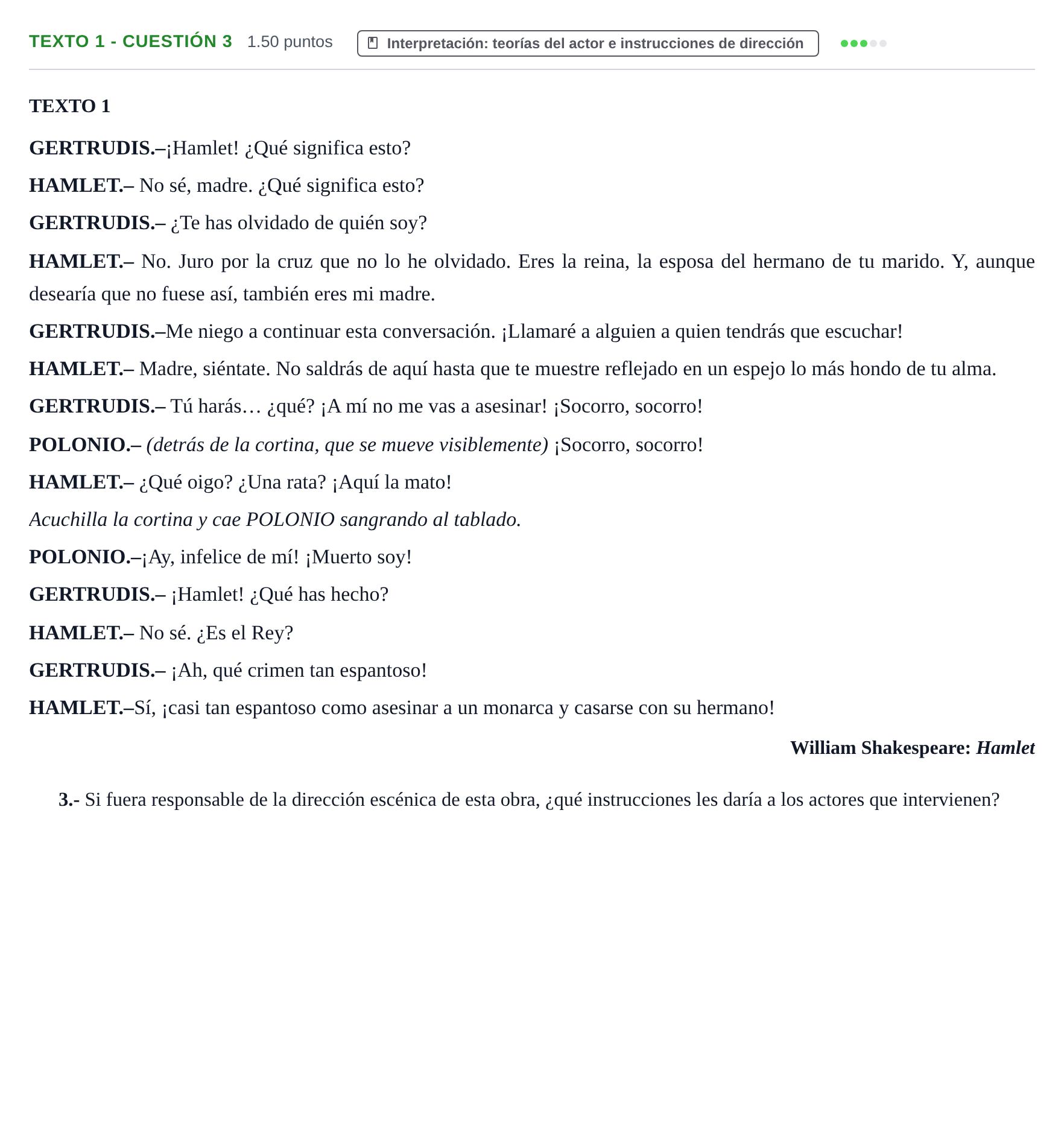 Enunciado: Ejercicio Texto 1 - Cuestión 3 · Artes Escénicas PAU Extremadura Extraordinaria 2024