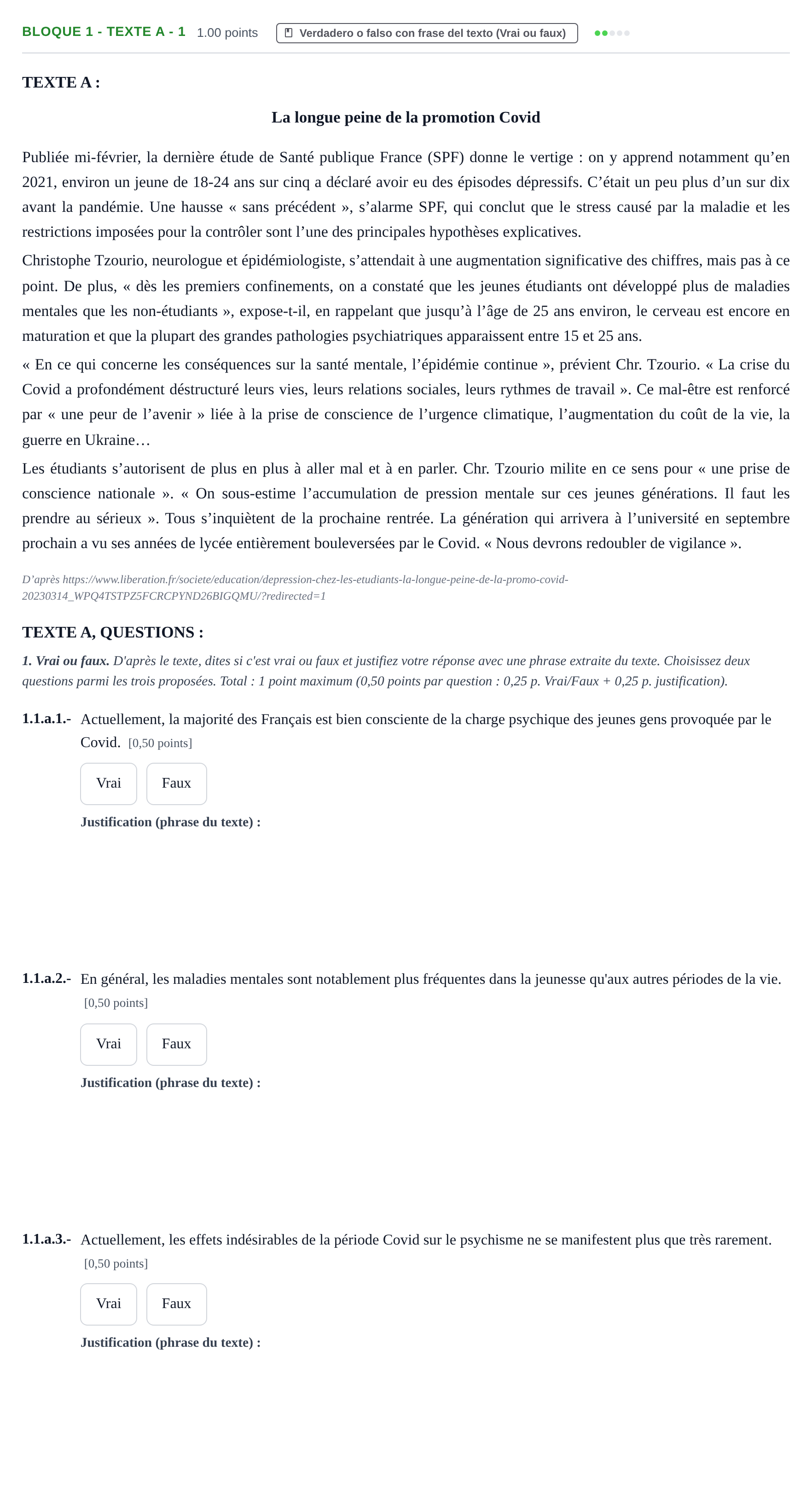 Enunciado: Bloque 1 - Texte A - 1 · Francés PAU Extremadura Extraordinaria 2024