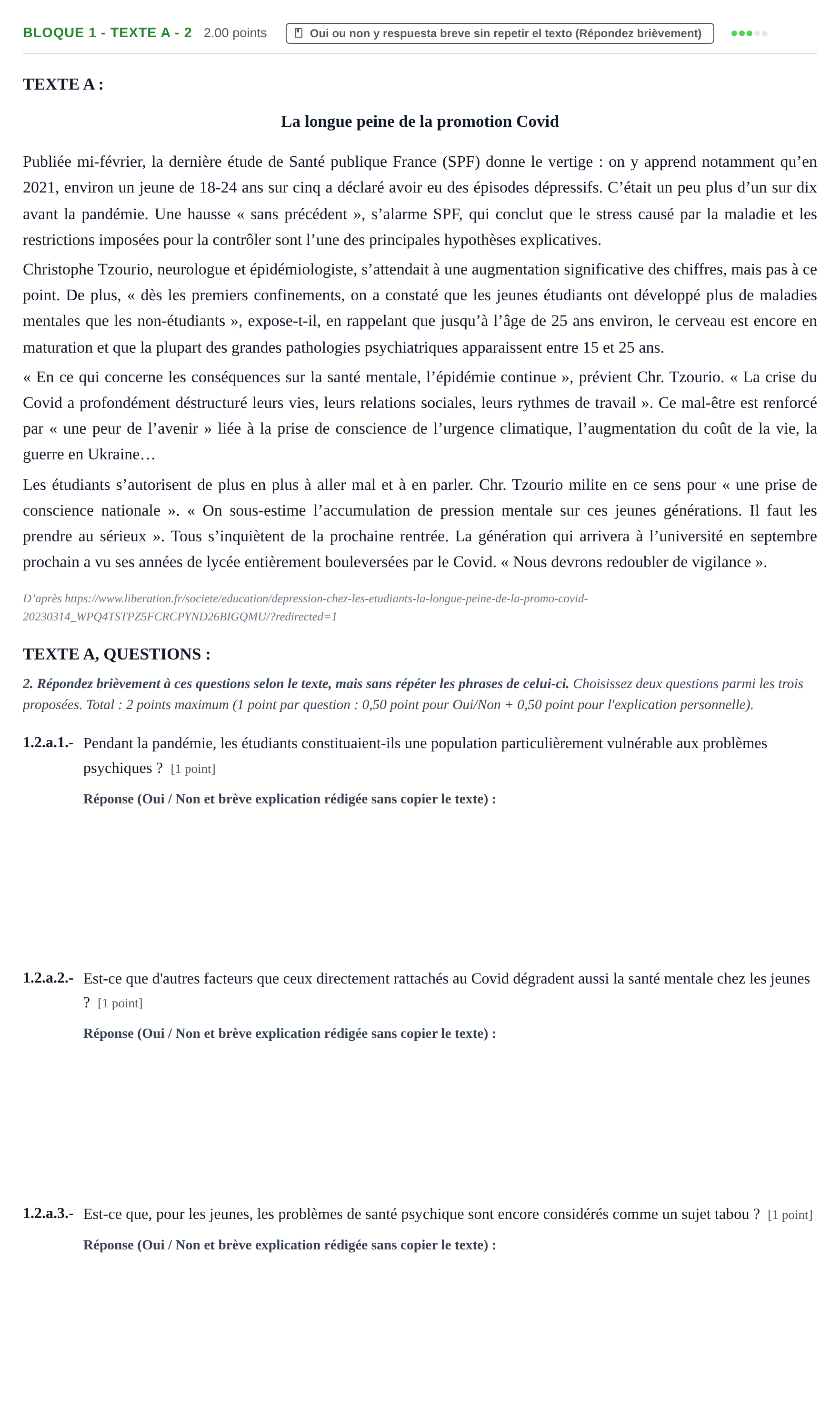 Enunciado: Bloque 1 - Texte A - 2 · Francés PAU Extremadura Extraordinaria 2024