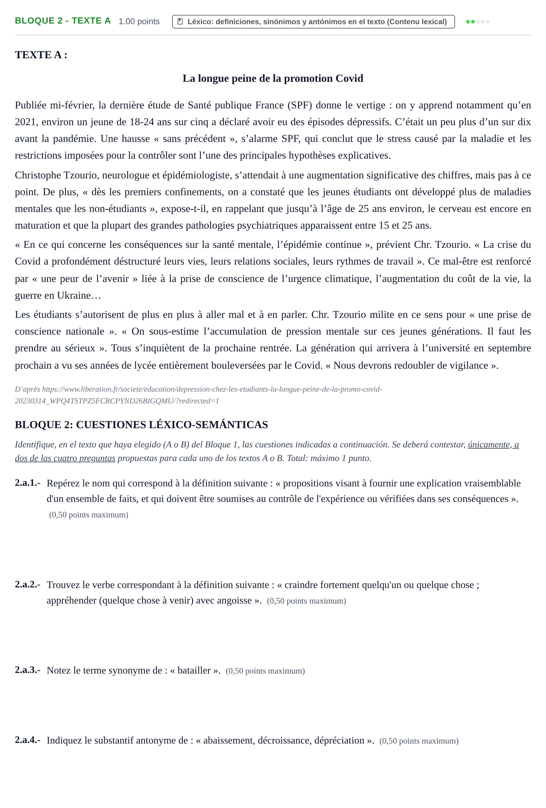 Enunciado: Bloque 2 - Texte A · Francés PAU Extremadura Extraordinaria 2024