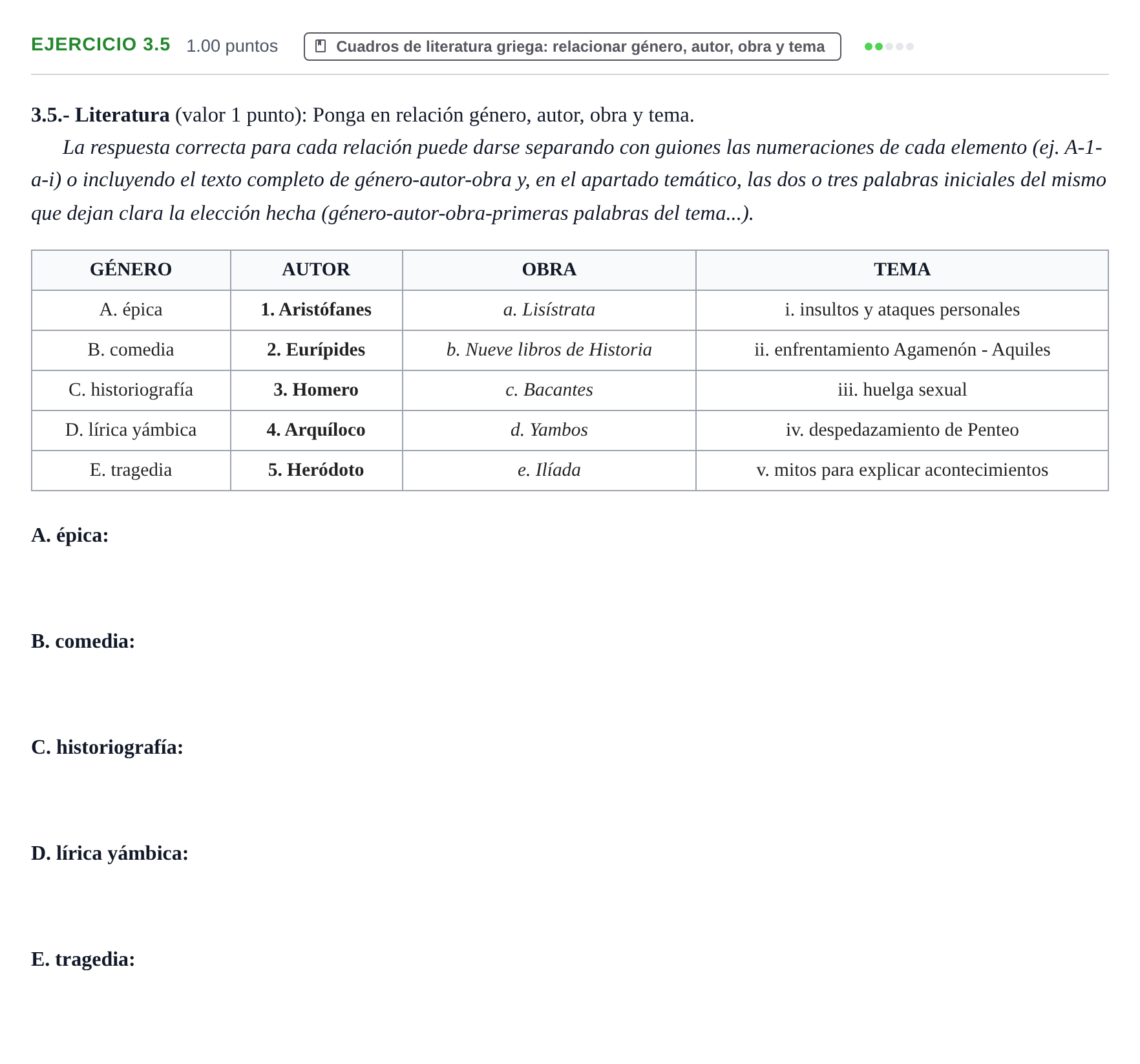 Enunciado: Ejercicio 3.5 · Griego II PAU Extremadura Extraordinaria 2024